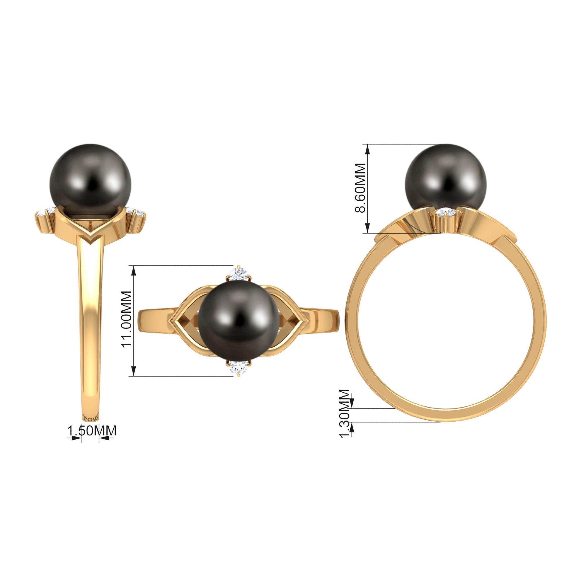 Rosec Jewels-Genuine Tahitian Pearl Solitaire Split Shank Engagement Ring with Diamond