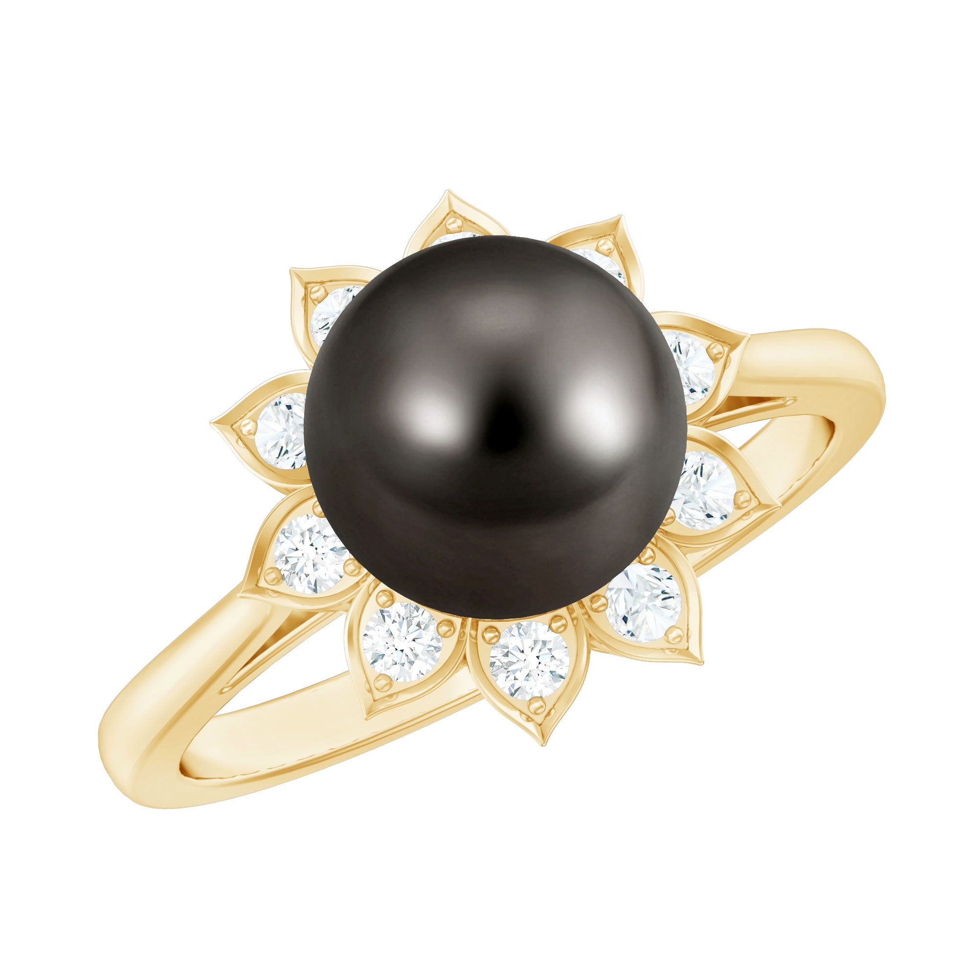 Rosec Jewels-Tahitian Black Pearl Engagement Ring with Diamond Floral Halo