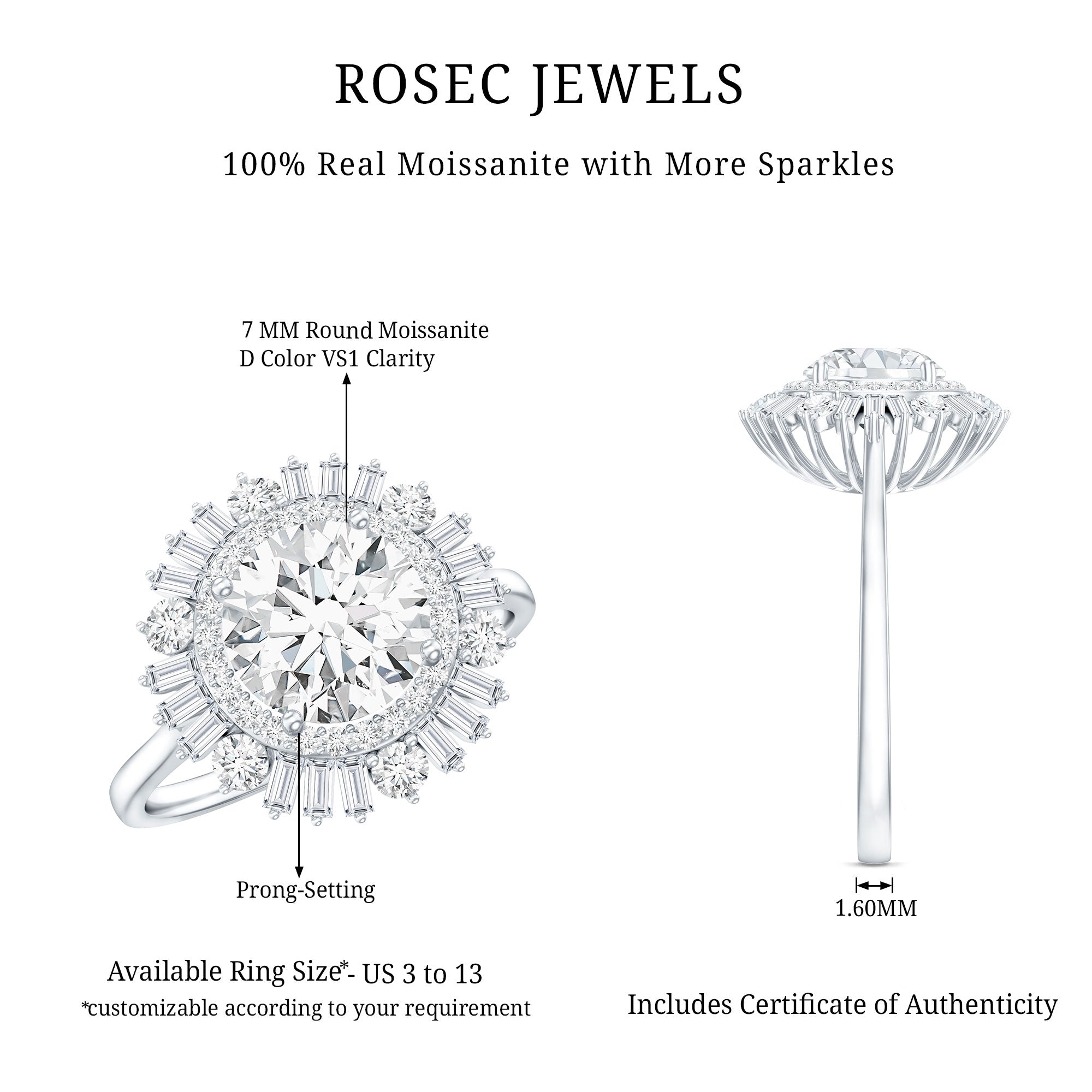 Certified Moissanite Double Halo Engagement Ring for Women D-VS1 - Rosec Jewels