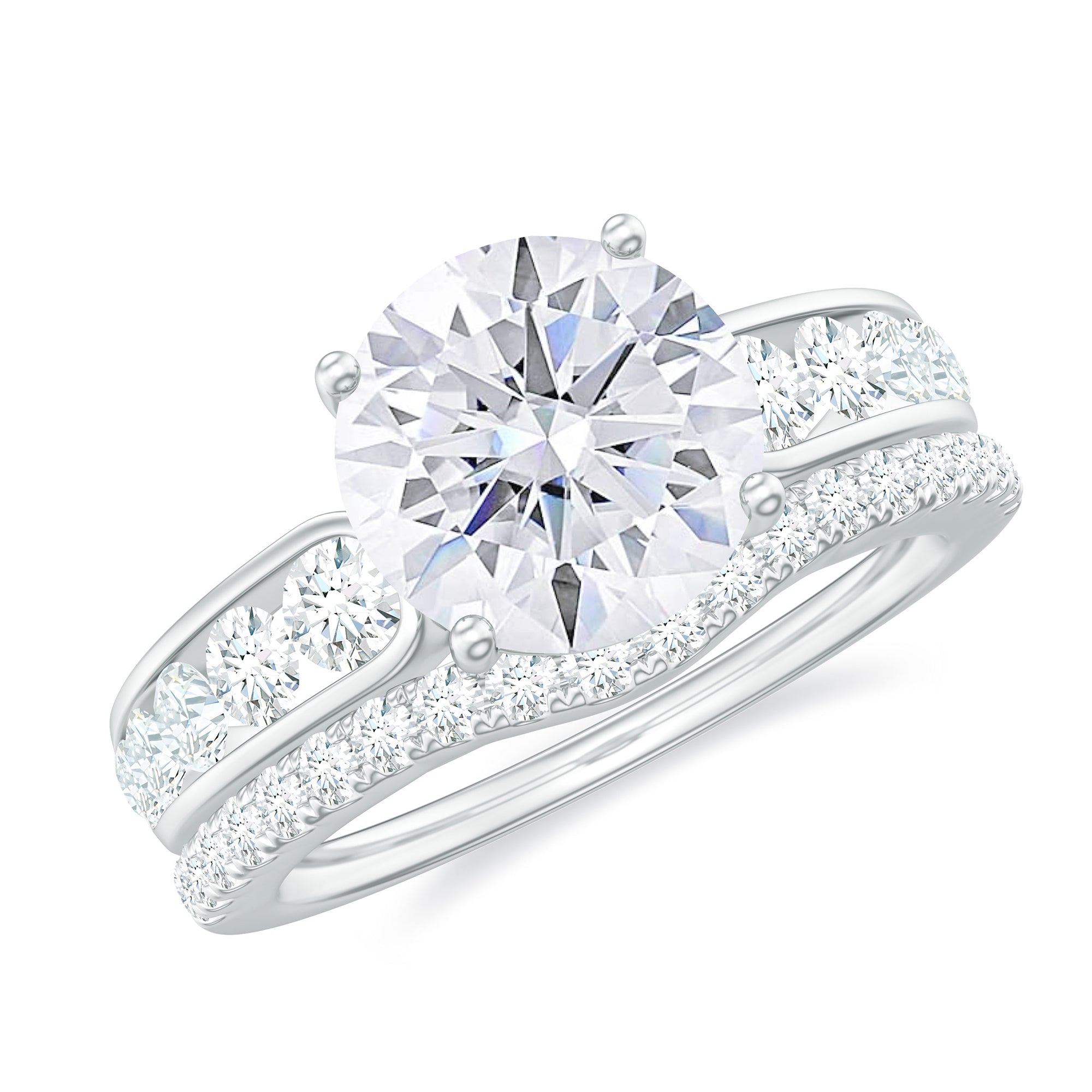 Round Moissanite Solitaire Bridal Ring Set in Gold Moissanite - ( D-VS1 ) - Color and Clarity - Rosec Jewels