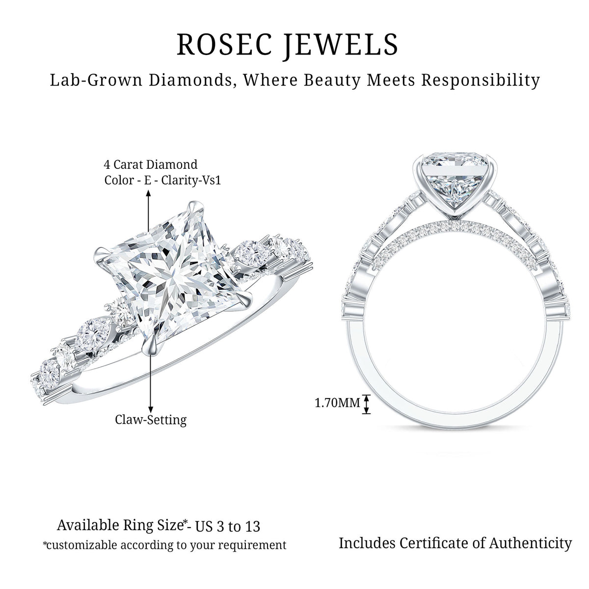 4 Carat Princess Cut Lab Grown Diamond Designer Engagement Ring IGI Certified Lab - ( E-VS1 ) - Rosec Jewels