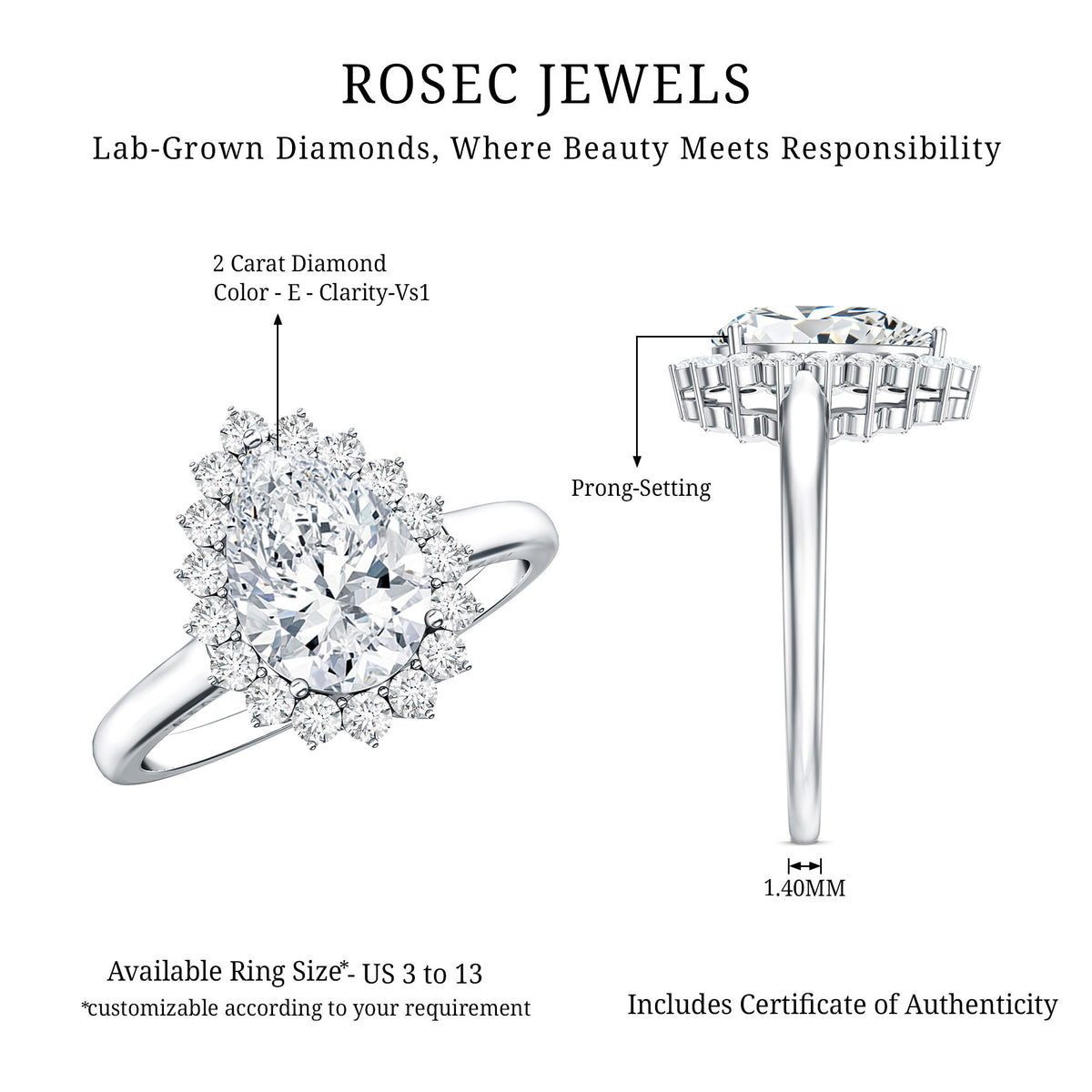 IGI Verified 2 Carat Lab Grown Diamond Pear Halo Engagement Ring Lab - ( E-VS1 ) - Rosec Jewels