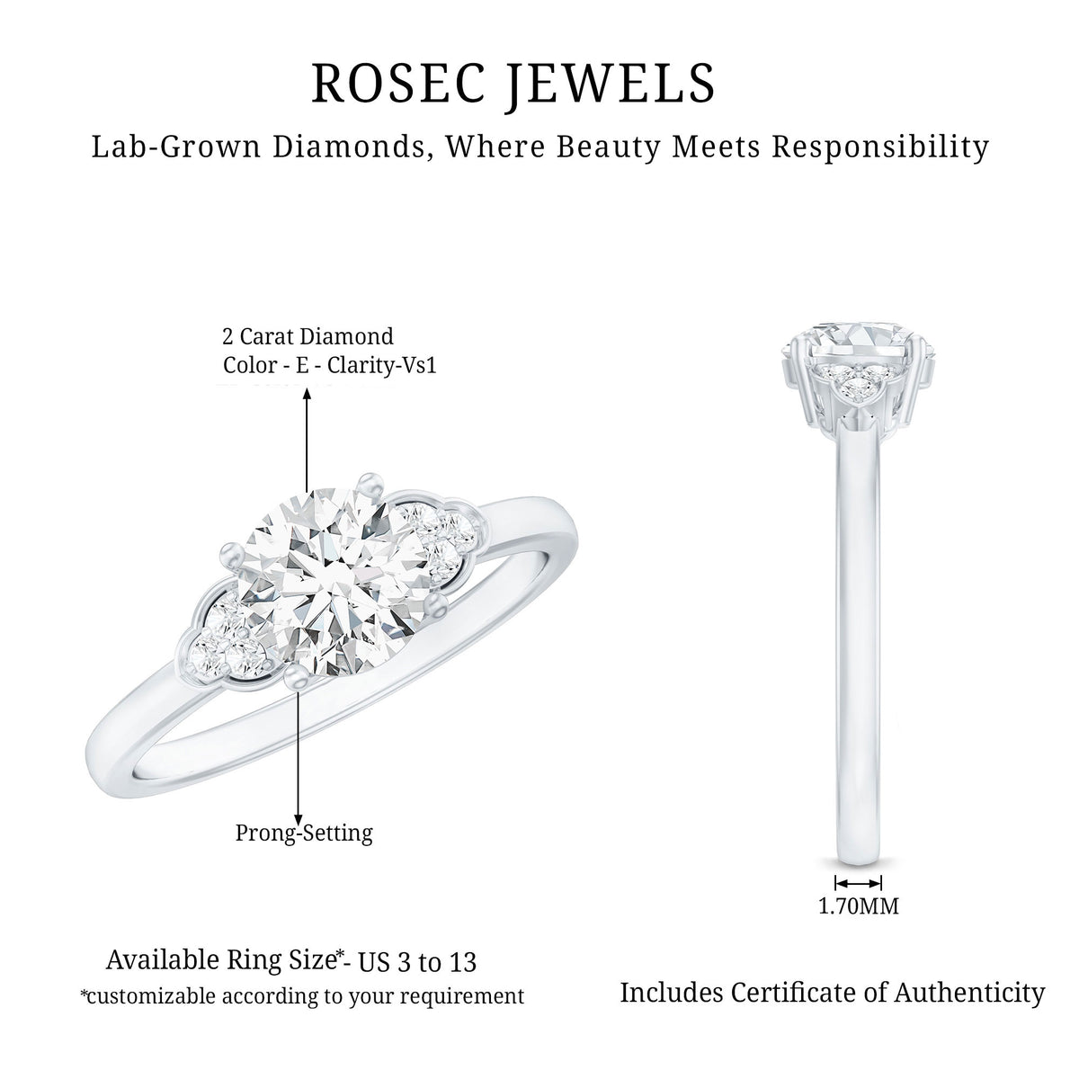 IGI Certified 2 Carat Lab Grown Diamond Round Engagement Ring for Her Lab - ( E-VS1 ) - Rosec Jewels