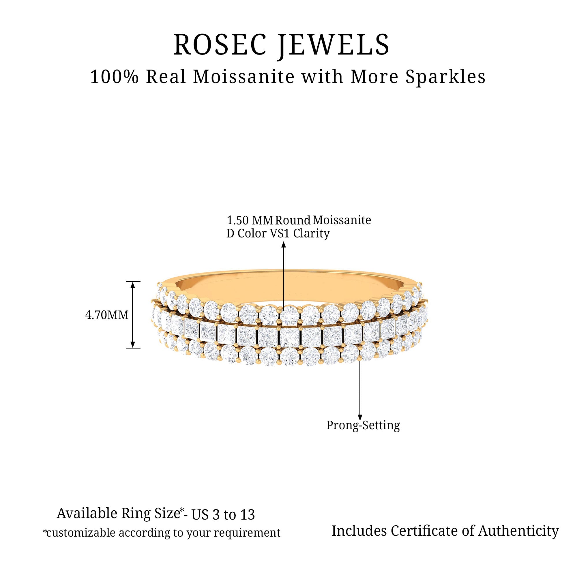 Classic Moissanite Three Row Wedding Band Ring Moissanite - ( D-VS1 ) - Color and Clarity - Rosec Jewels