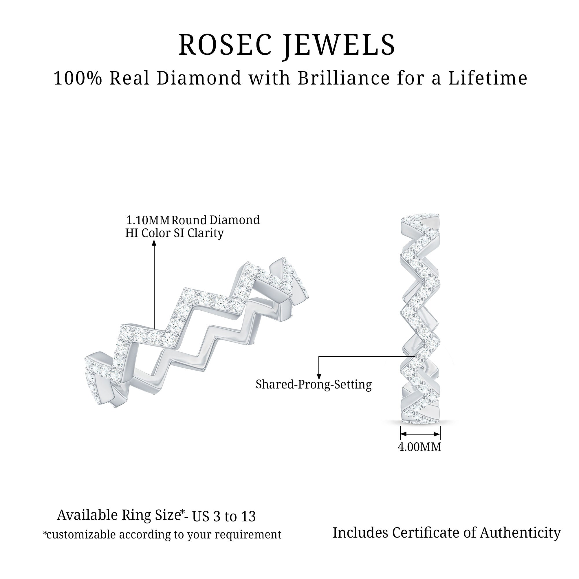 Minimal Diamond Zig Zag Eternity Band Ring Natural - ( HI-SI ) - Rosec Jewels