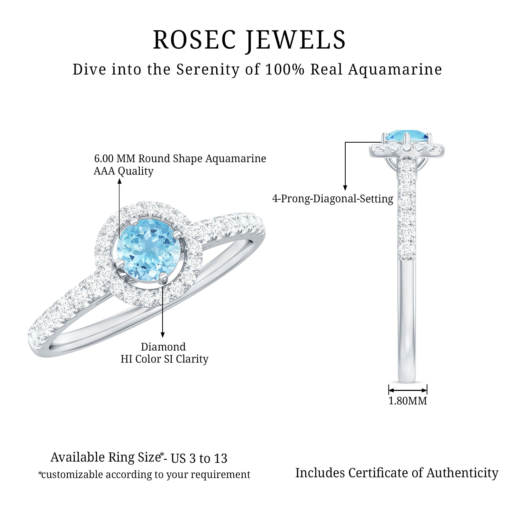 Certified Natural Aquamarine Engagement Ring with Diamond Halo AAA - Rosec Jewels