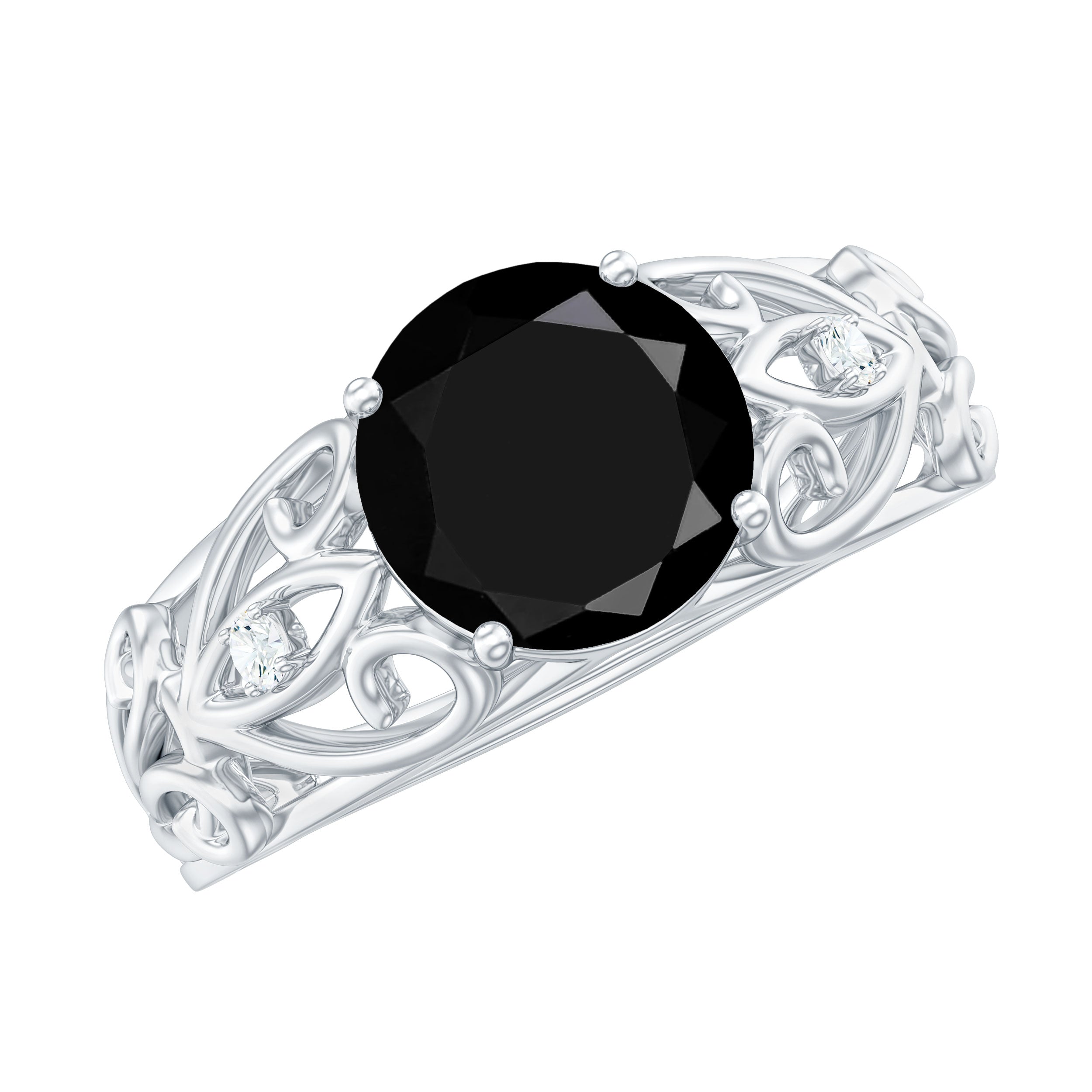 Filigree Engagement Ring with Black Onyx and Diamond Black Onyx - ( AAA ) - Quality - Rosec Jewels