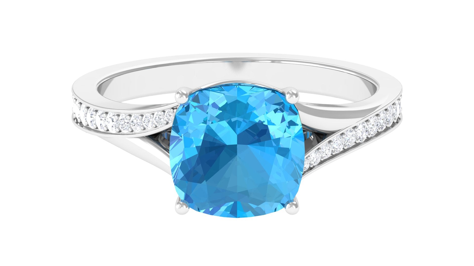 Cushion Cut Swiss Blue Topaz and Diamond Solitaire Ring with Split Shank