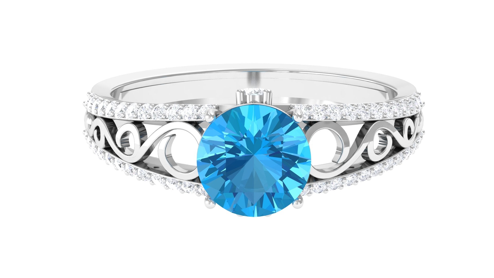 Designer Swiss Blue Topaz Solitaire Engagement Ring with Diamond Accents