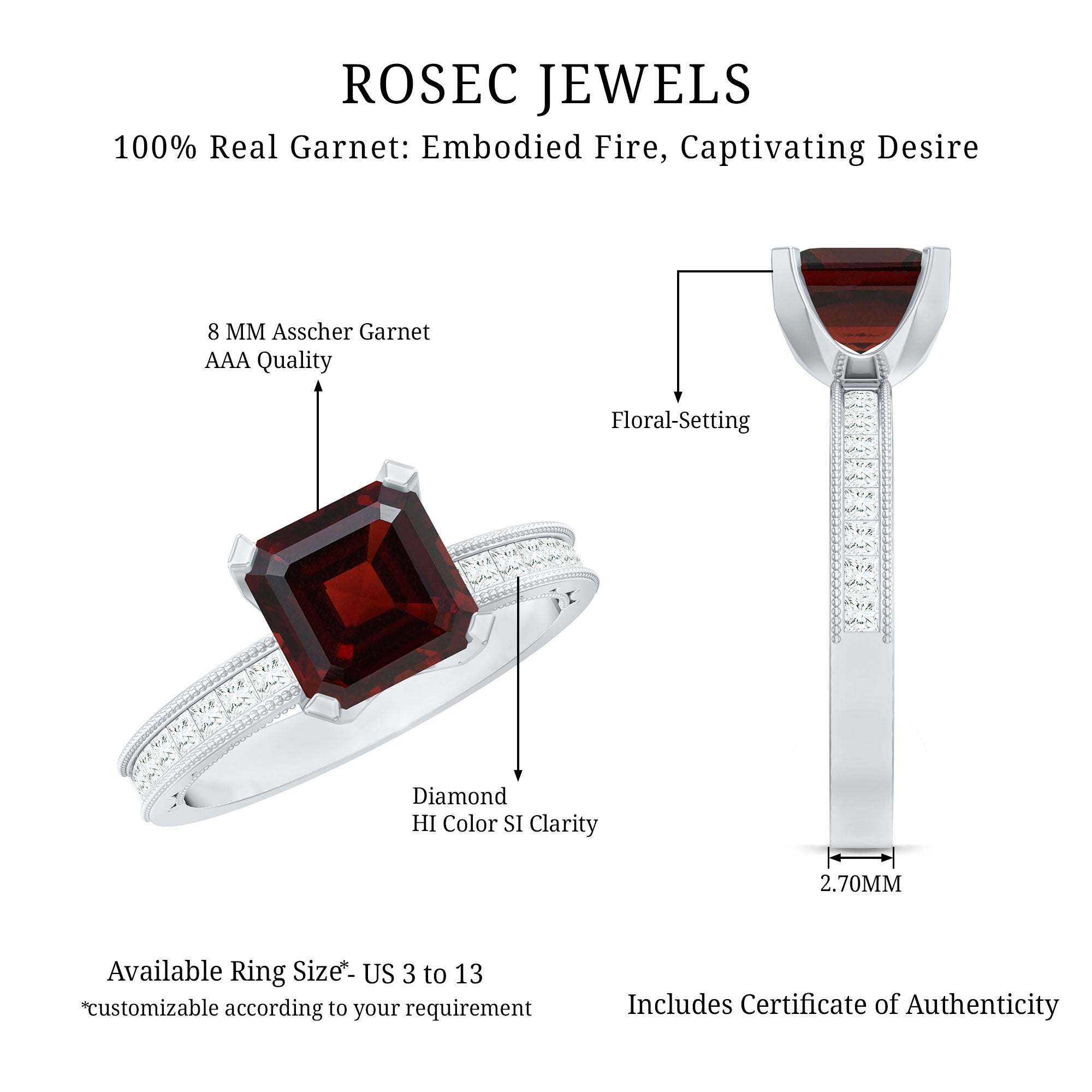 Natural 8mm Asscher Cut Garnet Engagement Ring with Diamond Side Stones AAA - Rosec Jewels