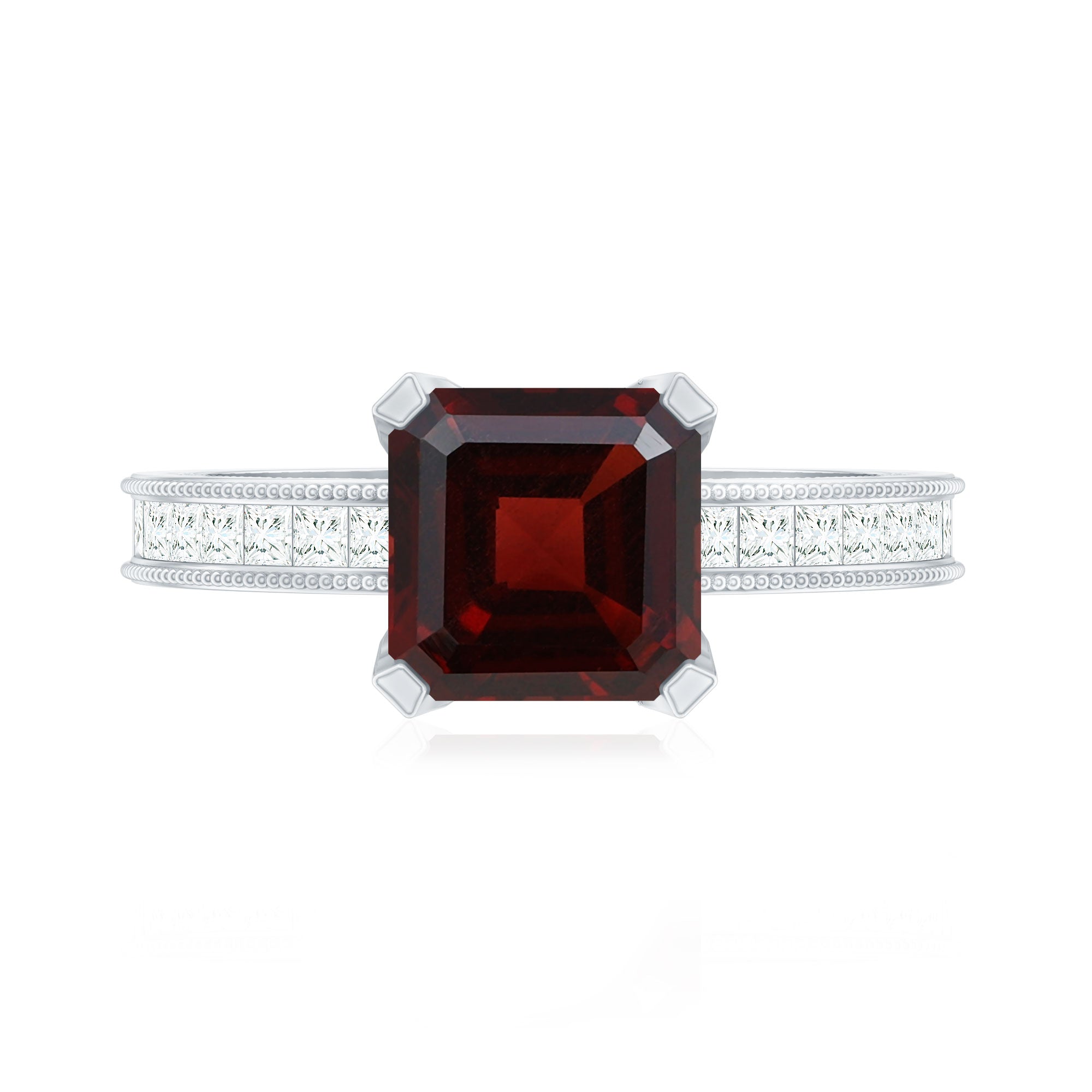 Natural 8mm Asscher Cut Garnet Engagement Ring with Diamond Side Stones AAA - Rosec Jewels