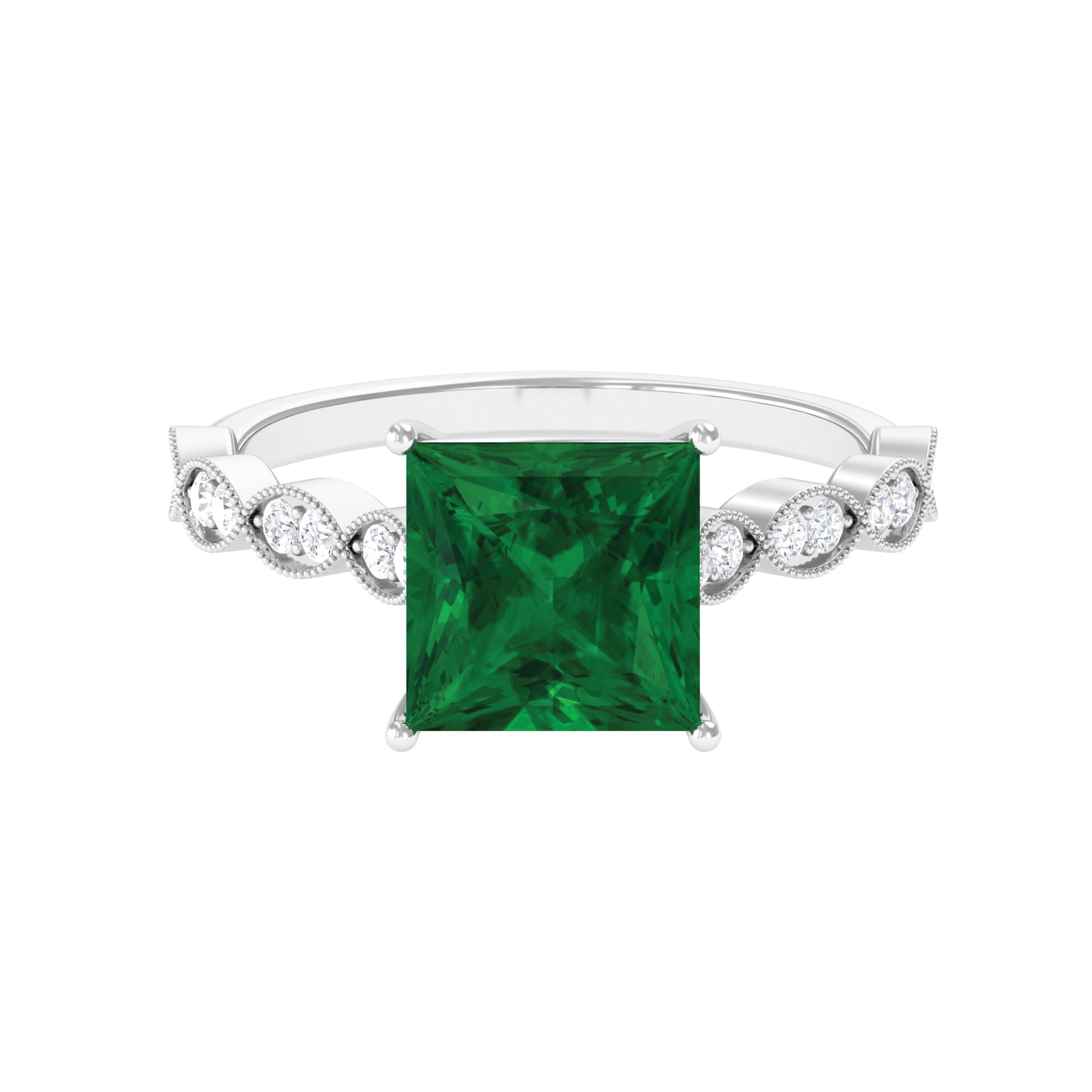 Princess Cut Created Emerald Solitaire Engagement Ring with Moissanite in Gold Lab Created Emerald - ( AAAA ) - Quality - Rosec Jewels