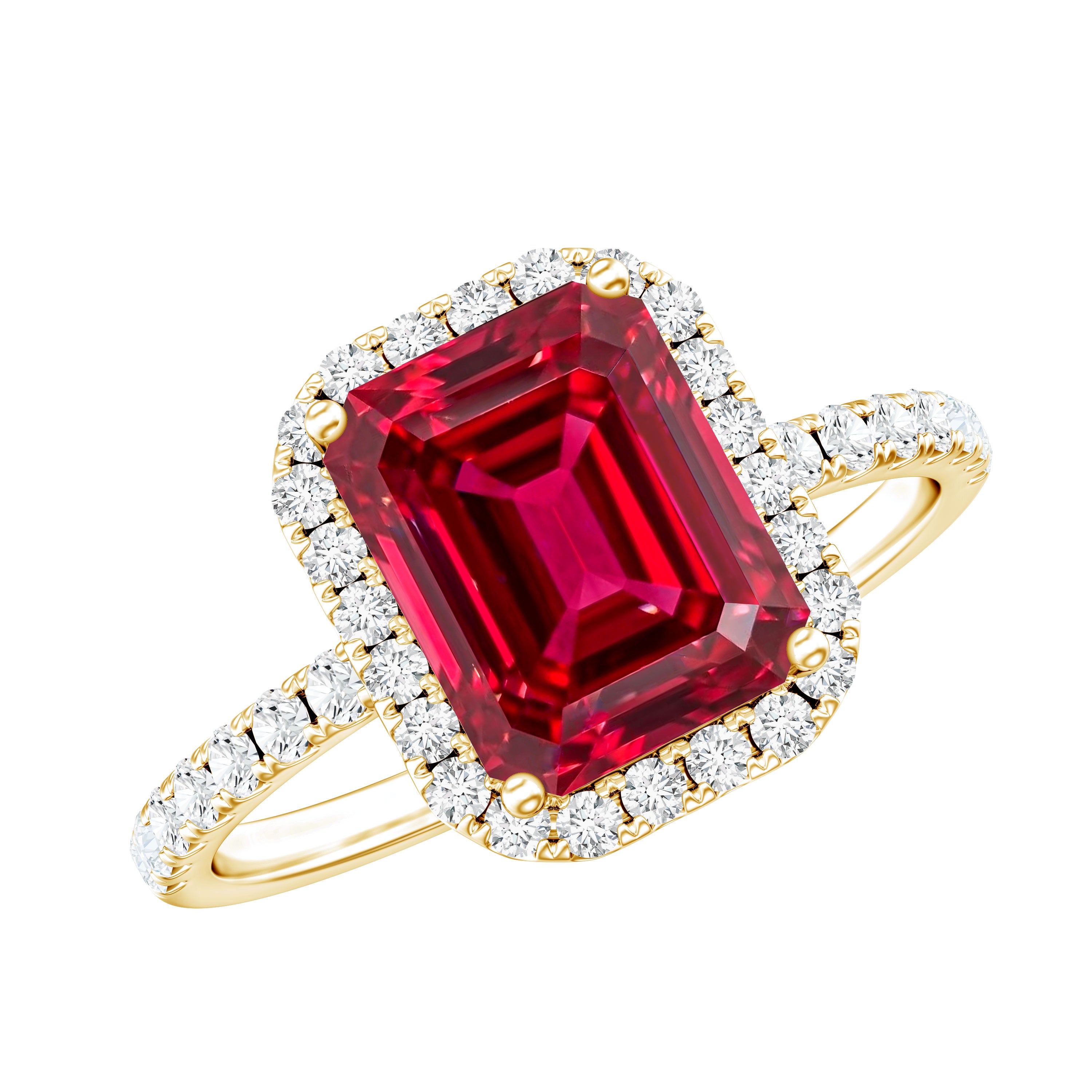 Lab Created Emerald Cut Ruby Engagement Ring with Diamond Halo AAAA - Rosec Jewels