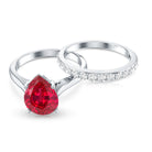 Pear Shape Created Ruby Solitaire Wedding Ring Set with Moissanite AAAA - Rosec Jewels