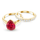 Pear Shape Created Ruby Solitaire Wedding Ring Set with Moissanite AAAA - Rosec Jewels