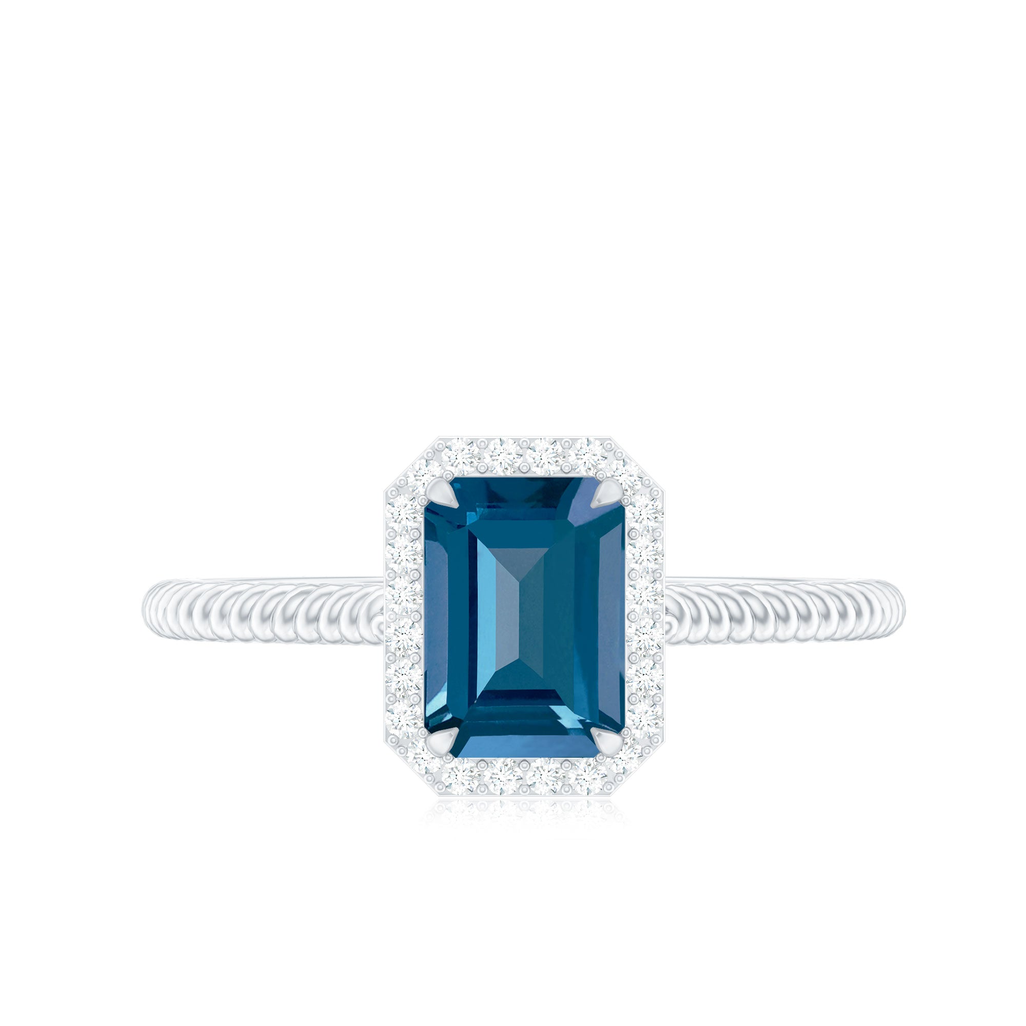 Rosec Jewels-Emerald Cut Blue Topaz Engagement Ring with Diamond Halo