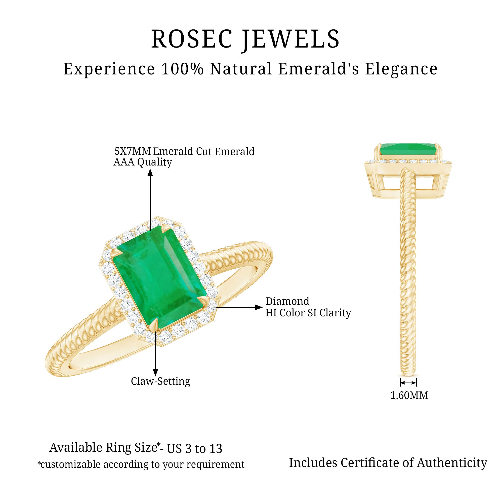 Natural 1.2 Carat Emerald Engagement Ring with Diamond Halo AAA - Rosec Jewels