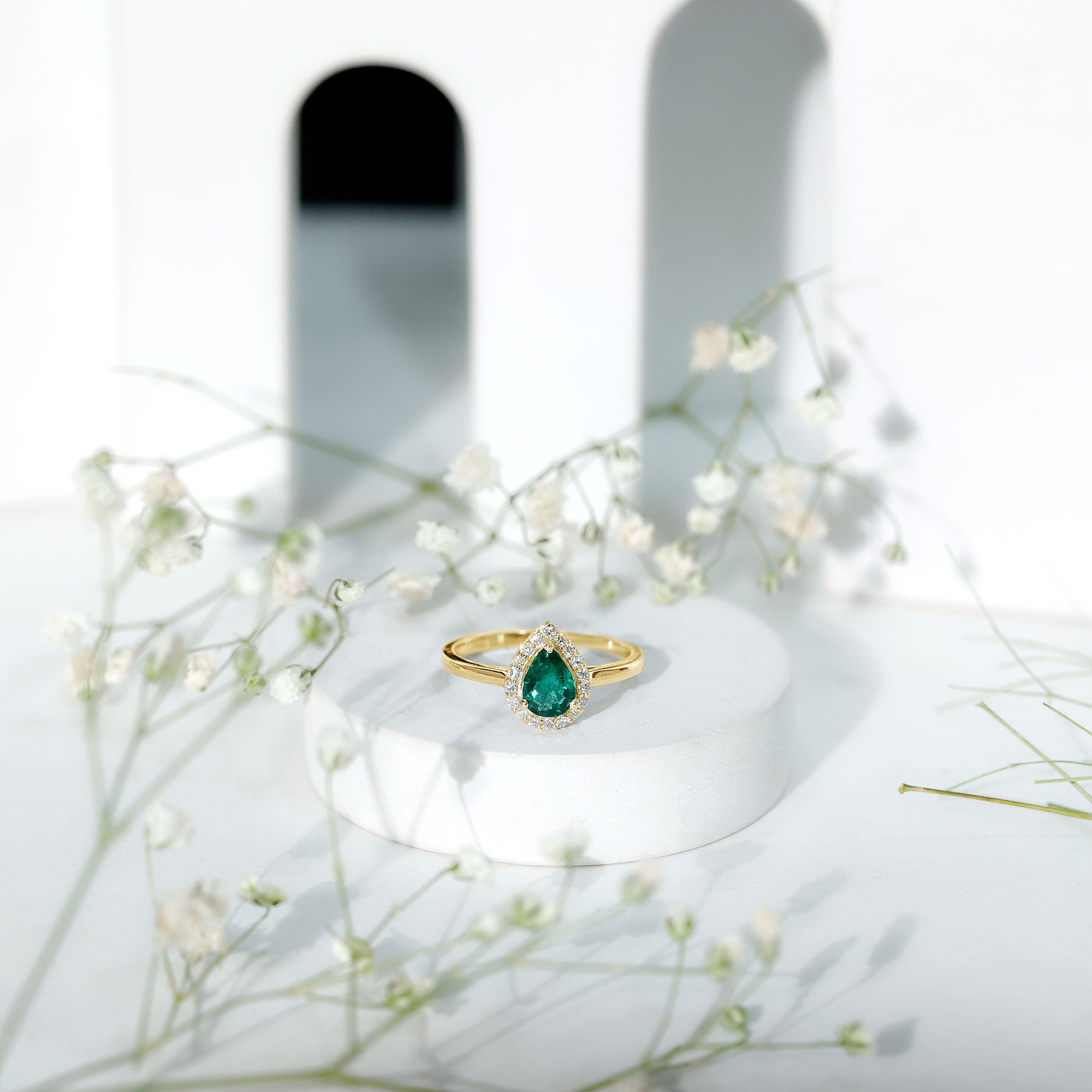 Rosec Jewels-Real Emerald Teardrop Engagement Ring with Diamond Halo