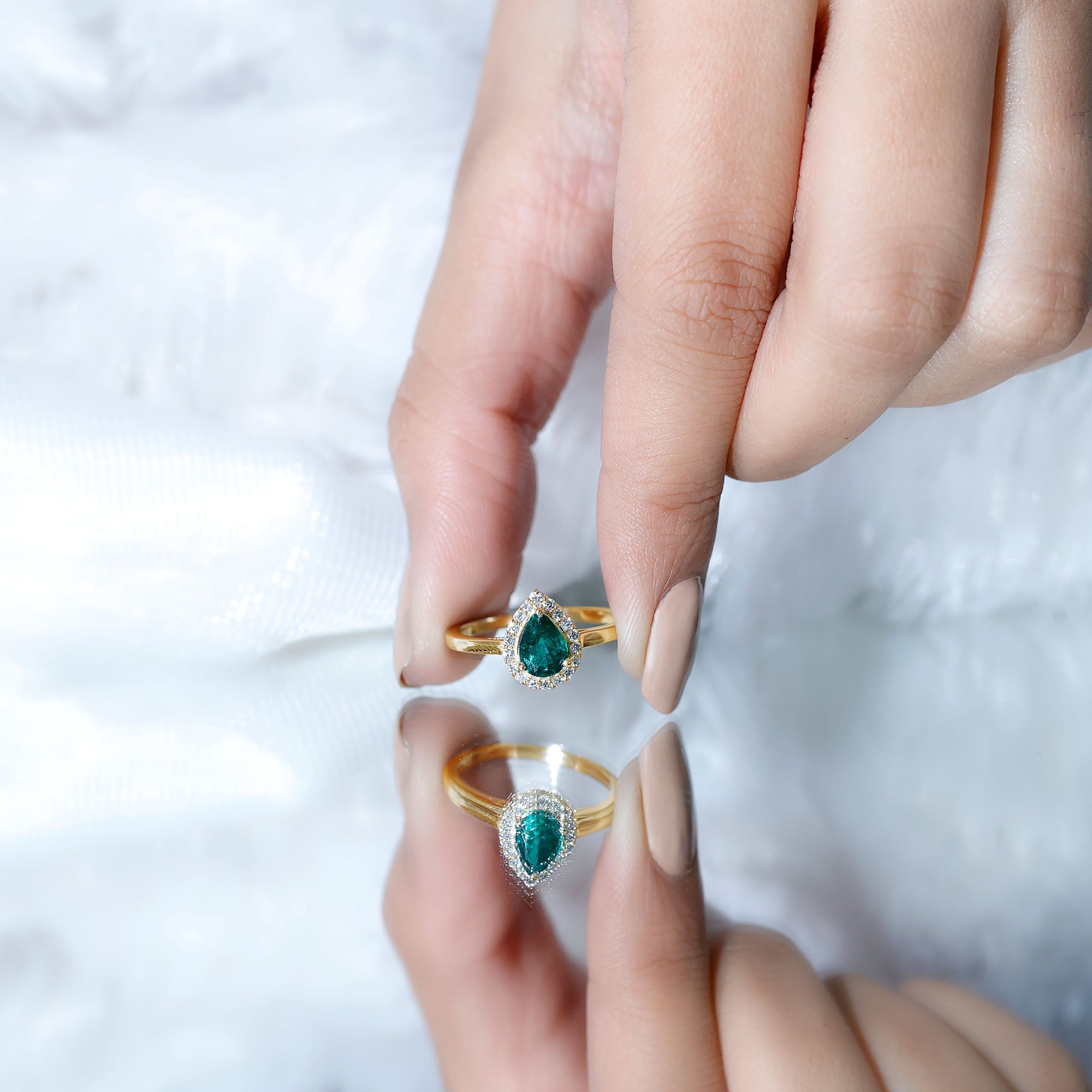 Rosec Jewels-Real Emerald Teardrop Engagement Ring with Diamond Halo