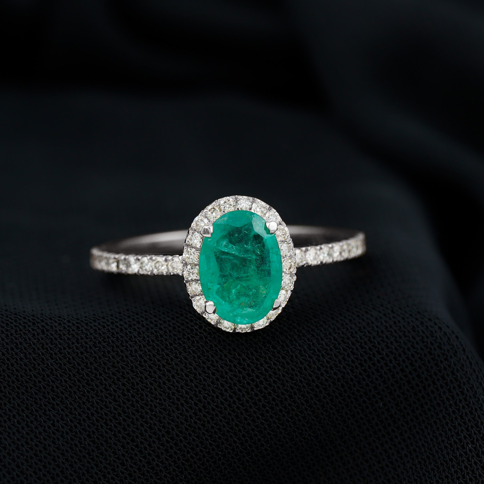 Rosec Jewels-Genuine 6X8MM Oval Emerald Engagement Ring with Diamond Halo