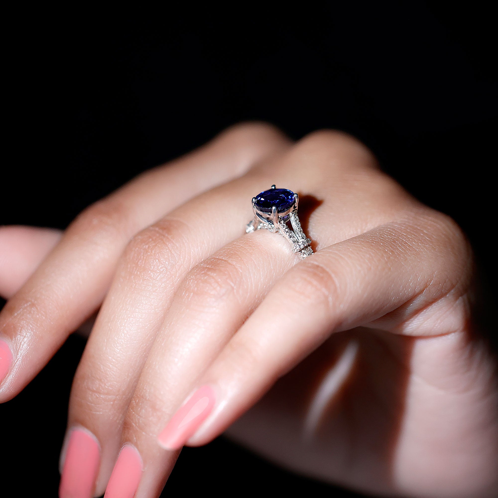 Split Shank Created Blue Sapphire Solitaire Ring with Diamond Rosec Jewels UK