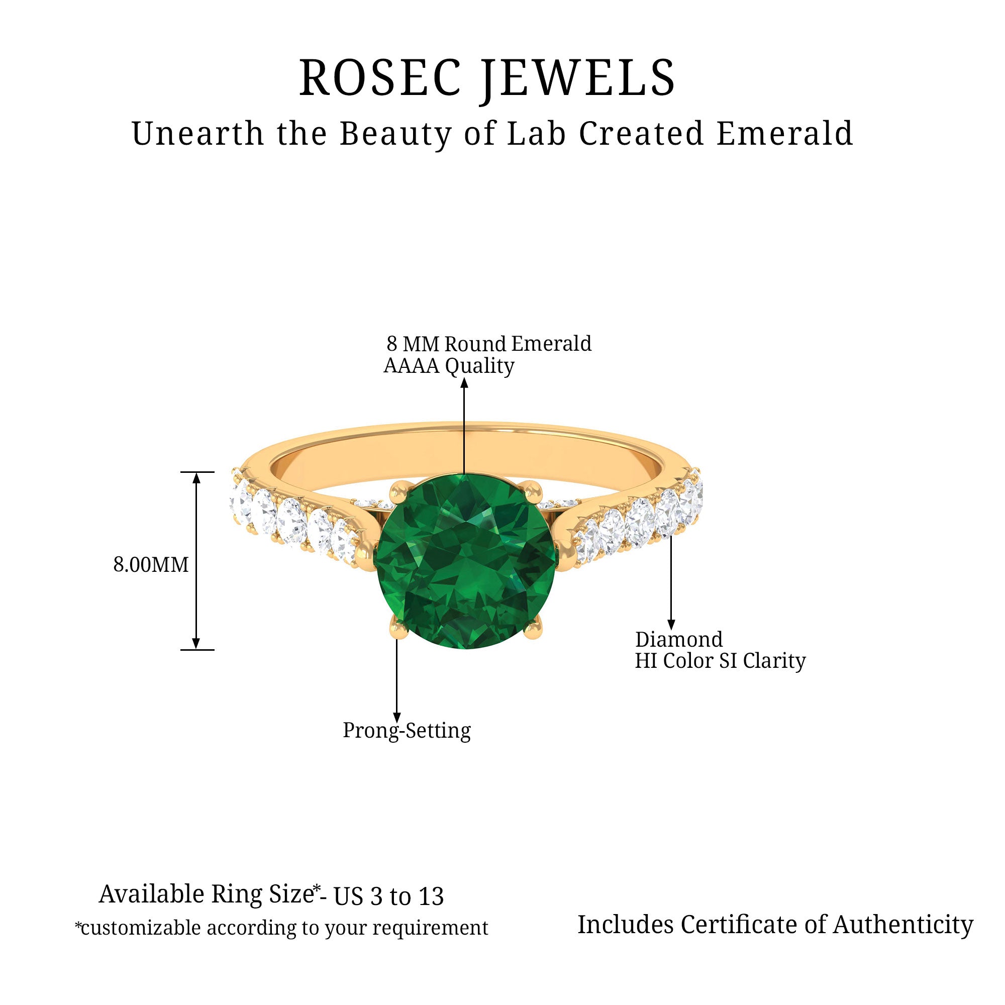 2.75 CT Created Emerald Solitaire Engagement Ring with Diamond Accent Lab Created Emerald - ( AAAA ) - Quality - Rosec Jewels