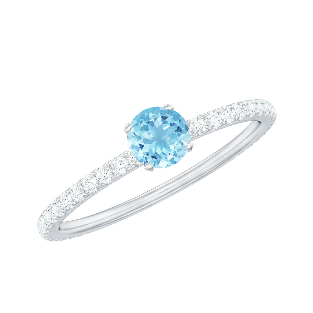 Aquamarine Dainty Solitaire Ring with French Pave Set Diamond Aquamarine - ( AAA ) - Quality - Rosec Jewels UK