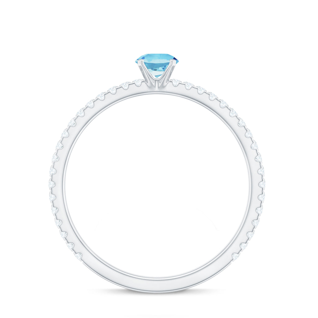 Aquamarine Dainty Solitaire Ring with French Pave Set Diamond Aquamarine - ( AAA ) - Quality - Rosec Jewels UK