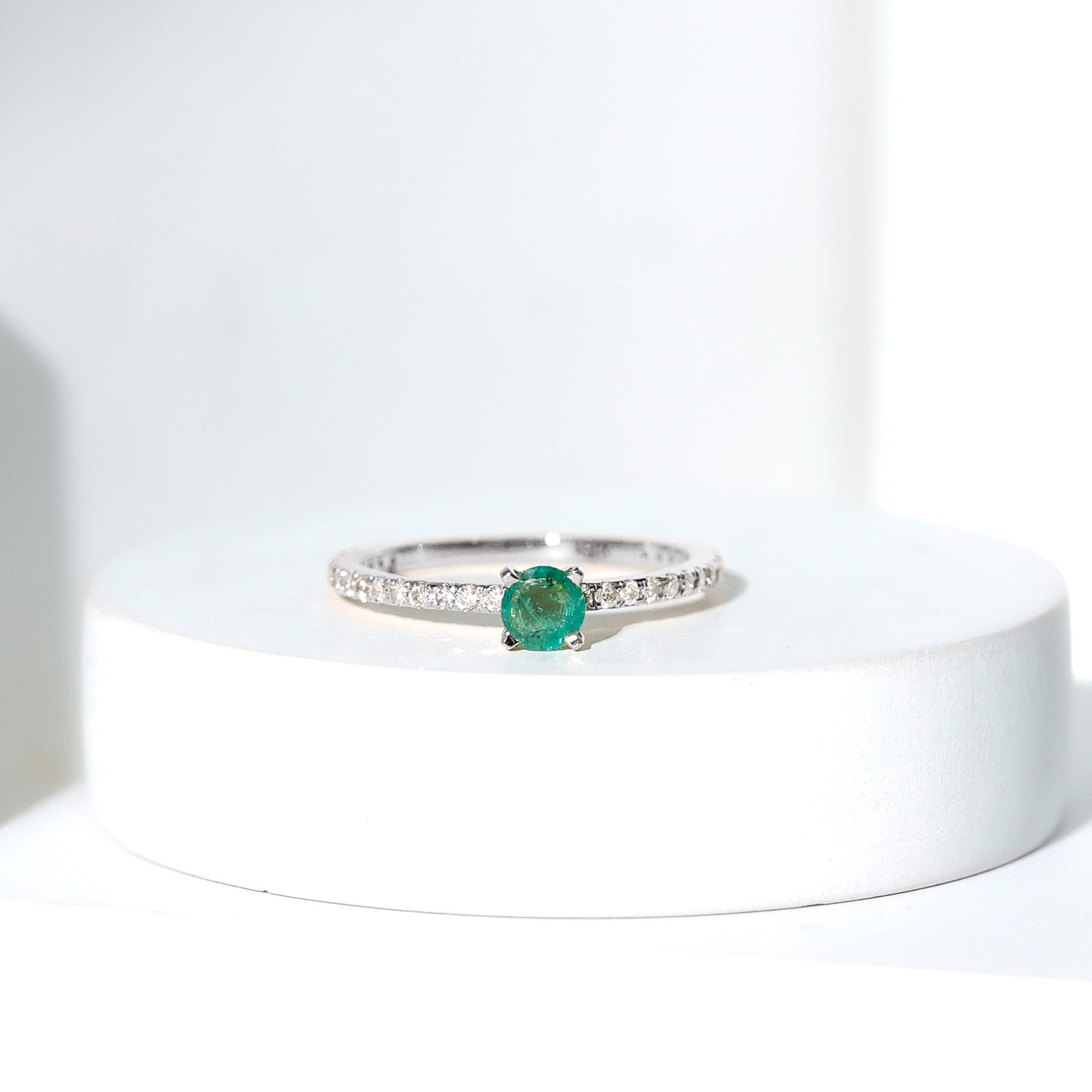 Rosec Jewels-4 MM Emerald Dainty Solitaire Ring with French Pave Set Diamond