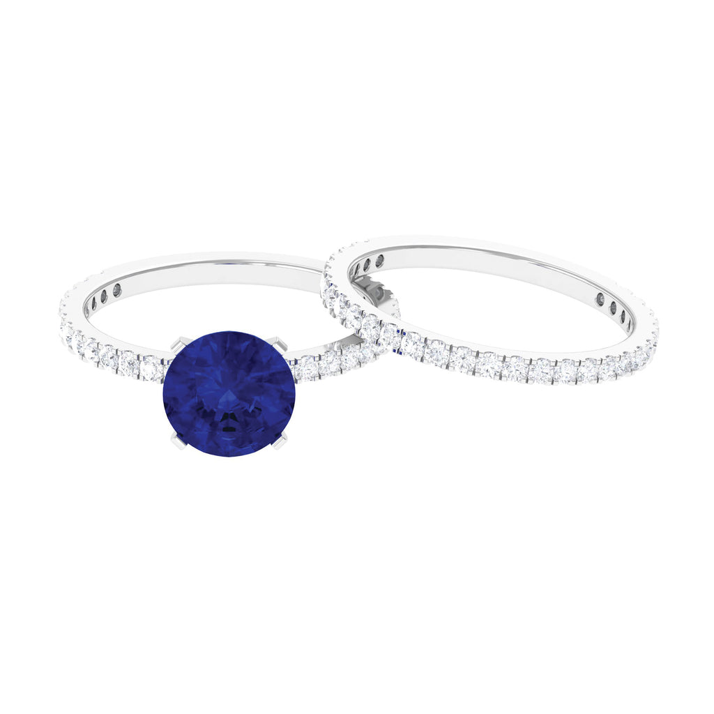 Round Lab Grown Blue Sapphire Solitaire Ring Set with Moissanite