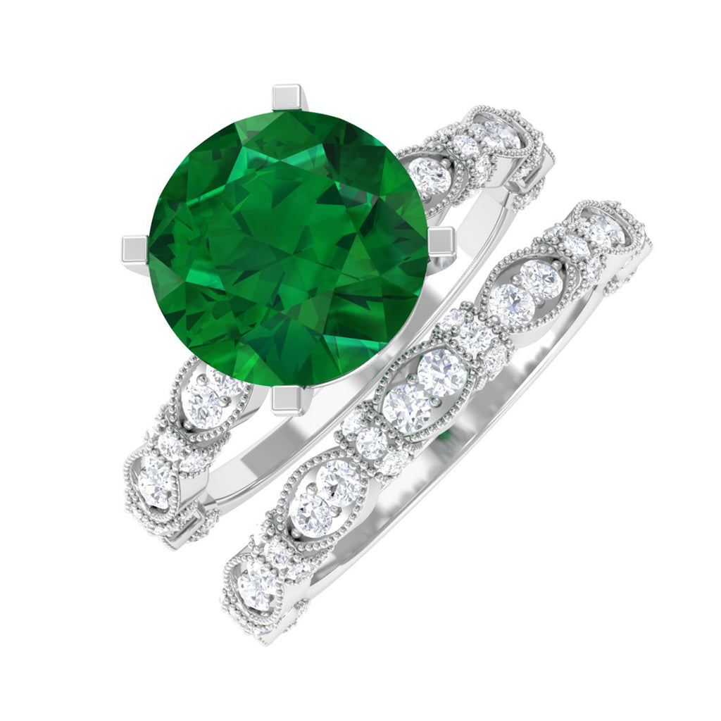 Antique Style Lab Grown Emerald Solitaire Ring Set with Moissanite