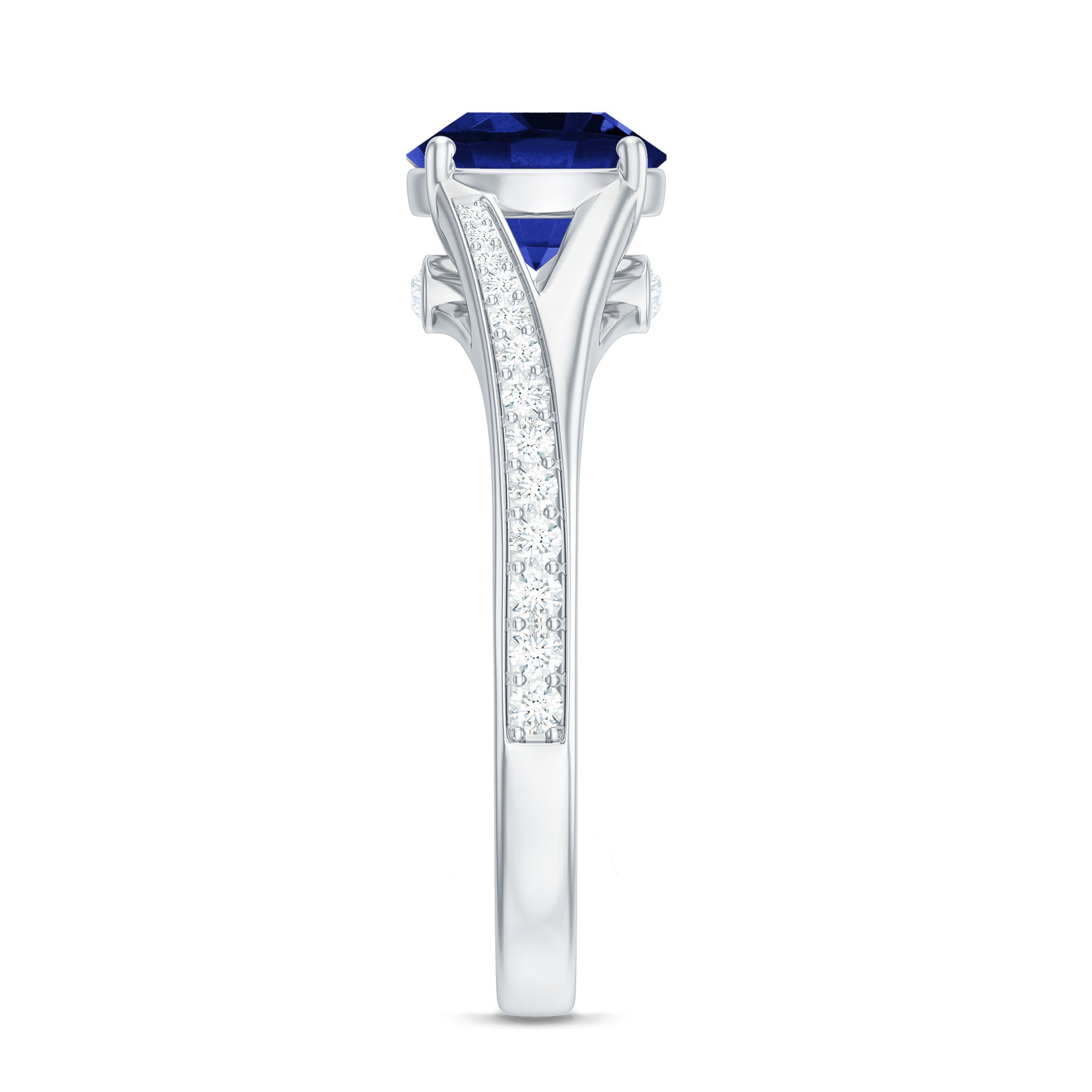 8mm Round Lab Grown Blue Sapphire Engagement Ring with Diamond Split Shank AAAA - Rosec Jewels
