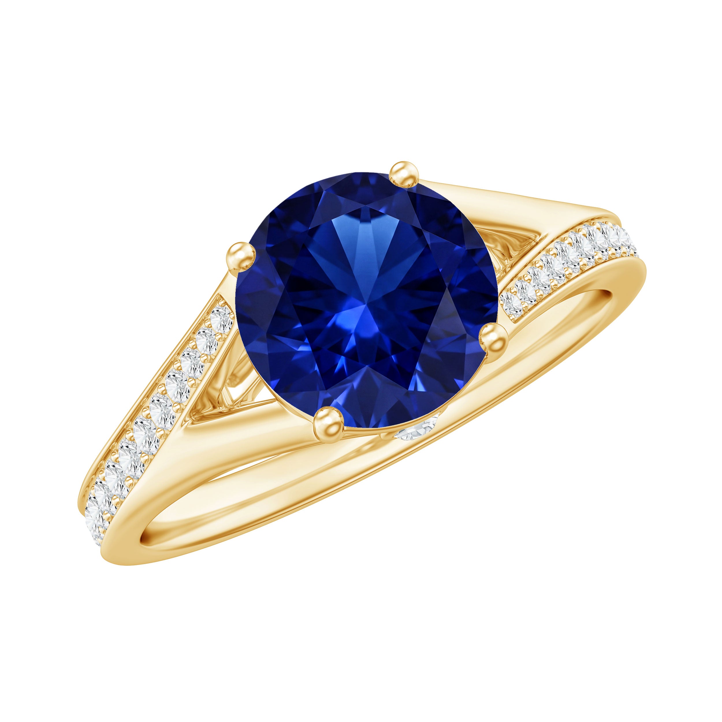 2.7 Carat Round Lab Grown Blue Sapphire Engagement Ring with Diamond Split Shank AAAA - Rosec Jewels