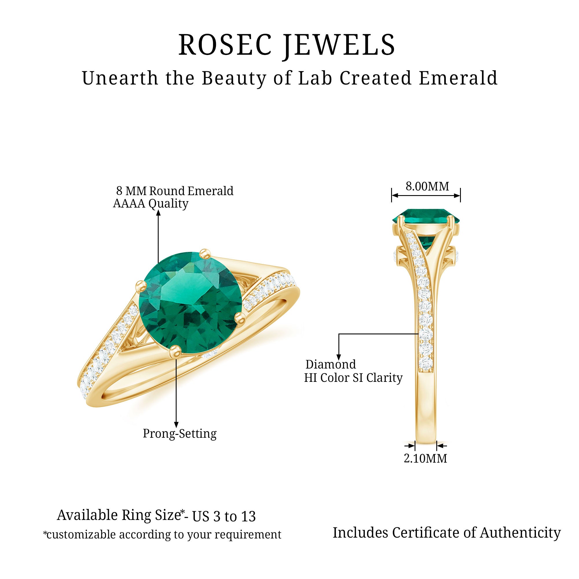 Rosec Jewels-Certified 8 mm Lab Grown Emerald Split Shank Engagement Ring with Diamond