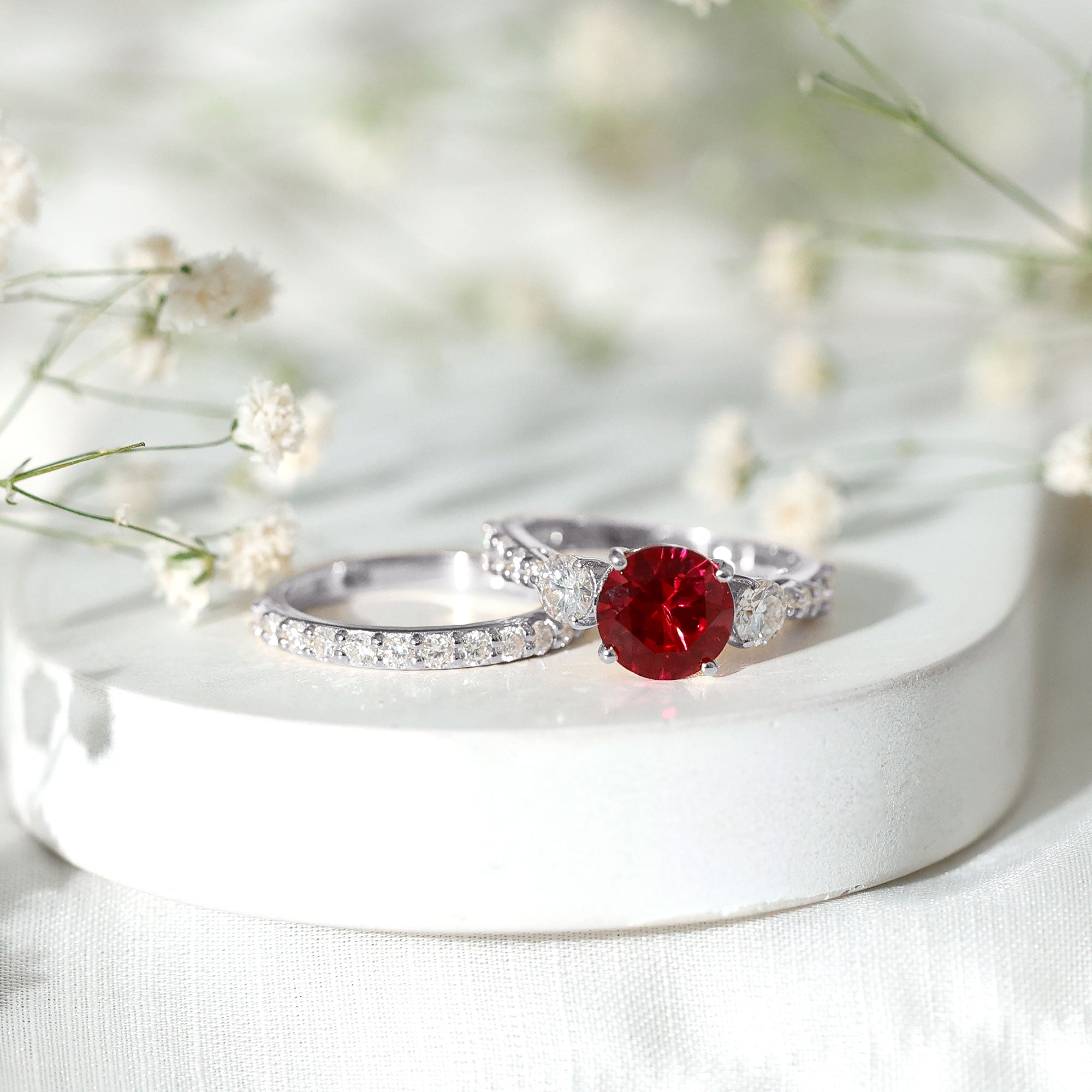 2.3 Carat Lab Created Ruby Bridal Ring Set with Moissanite AAAA - Rosec Jewels