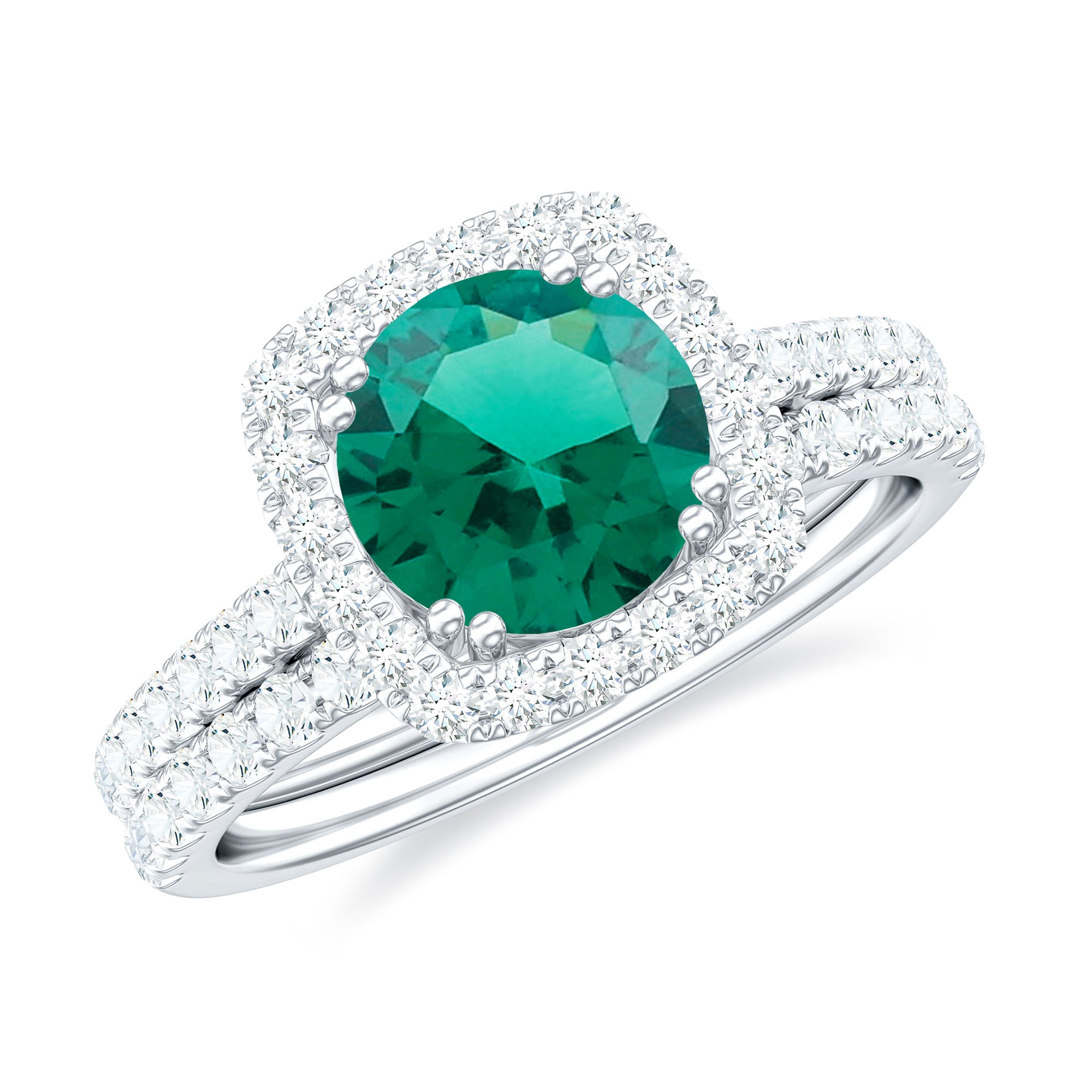 Created Emerald Halo Wedding Ring Set with Moissanite Lab Created Emerald - ( AAAA ) - Quality - Rosec Jewels