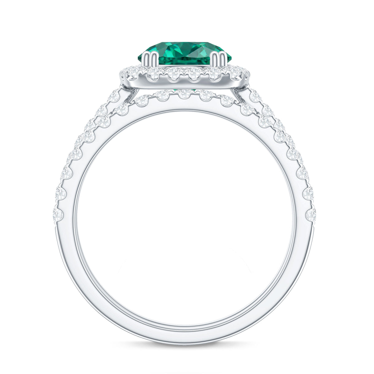 Certified Lab Grown Emerald Halo Engagement Ring with Moissanite Wedding Band AAAA - Rosec Jewels