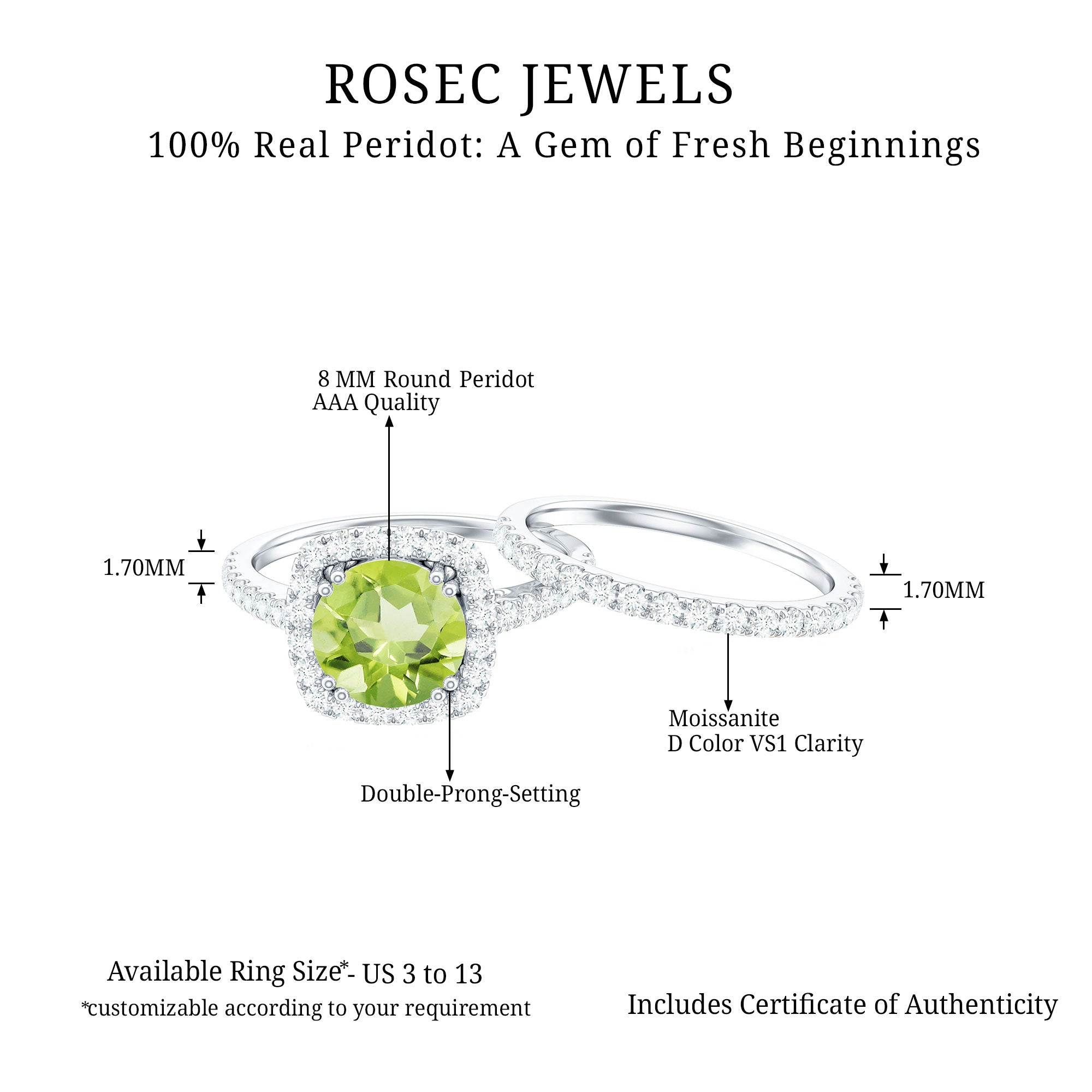 Round Peridot and Moissanite Bridal Ring Set Peridot - ( AAA ) - Quality - Rosec Jewels
