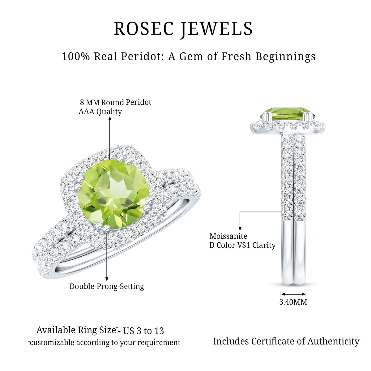 Natural 2 Carat Peridot Engagement Ring with Wedding Band AAA - Rosec Jewels
