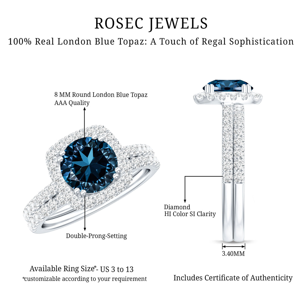 Genuine Blue Topaz and Diamond Halo Wedding Ring Set AAA - Rosec Jewels