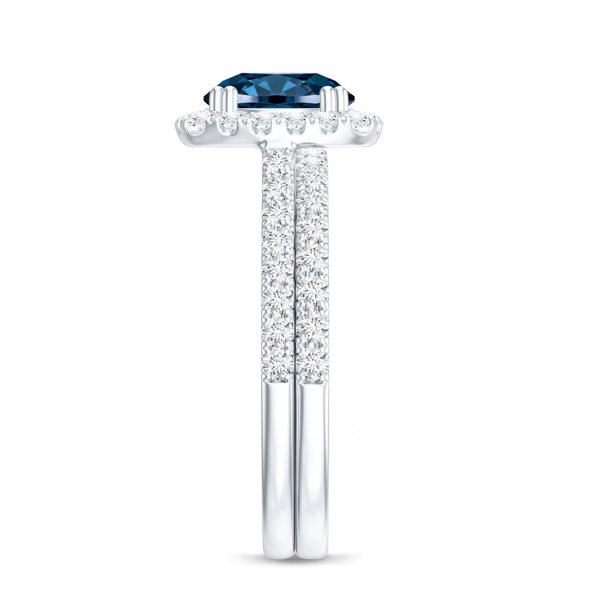 Genuine Blue Topaz and Diamond Halo Wedding Ring Set AAA - Rosec Jewels