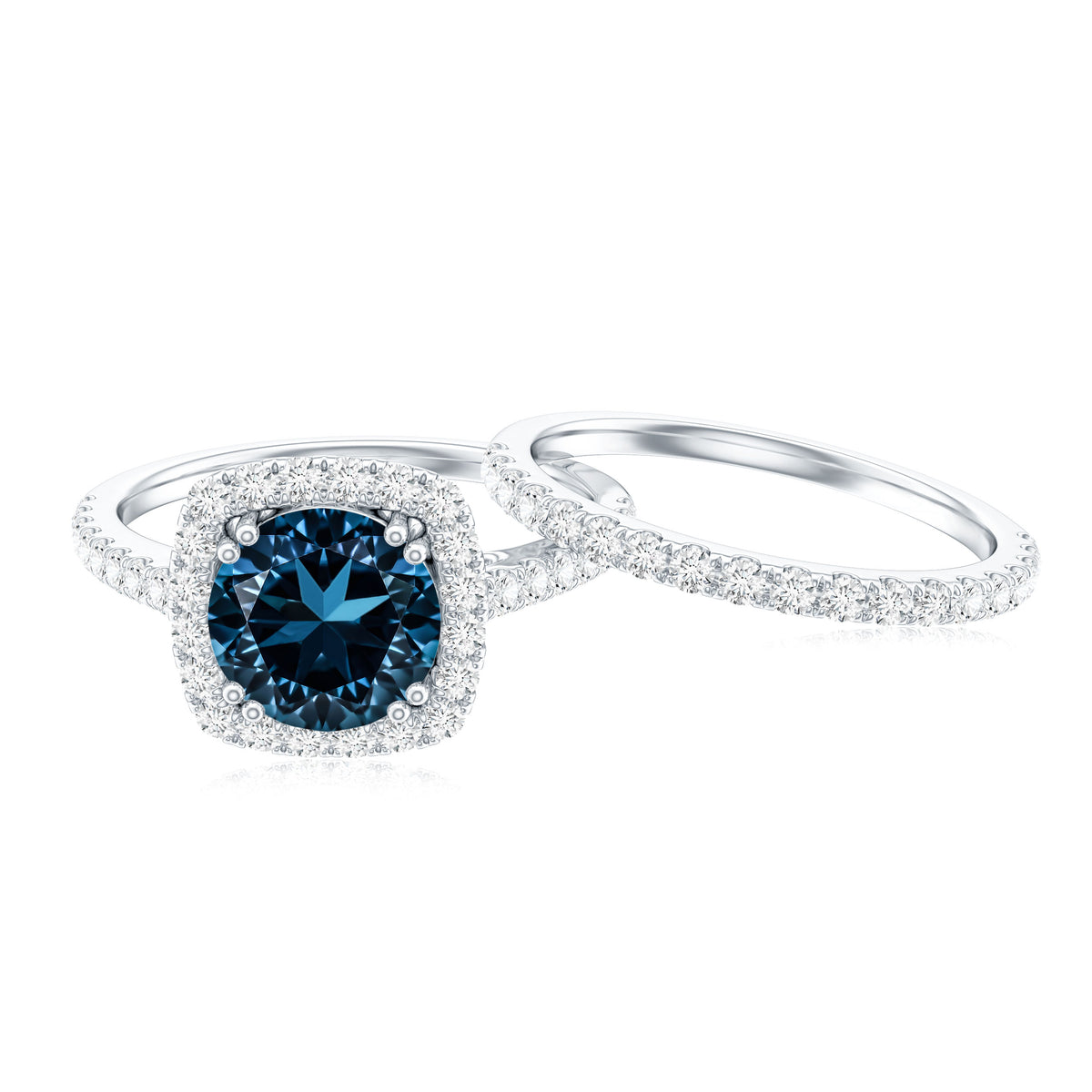 Genuine Blue Topaz and Diamond Halo Wedding Ring Set AAA - Rosec Jewels