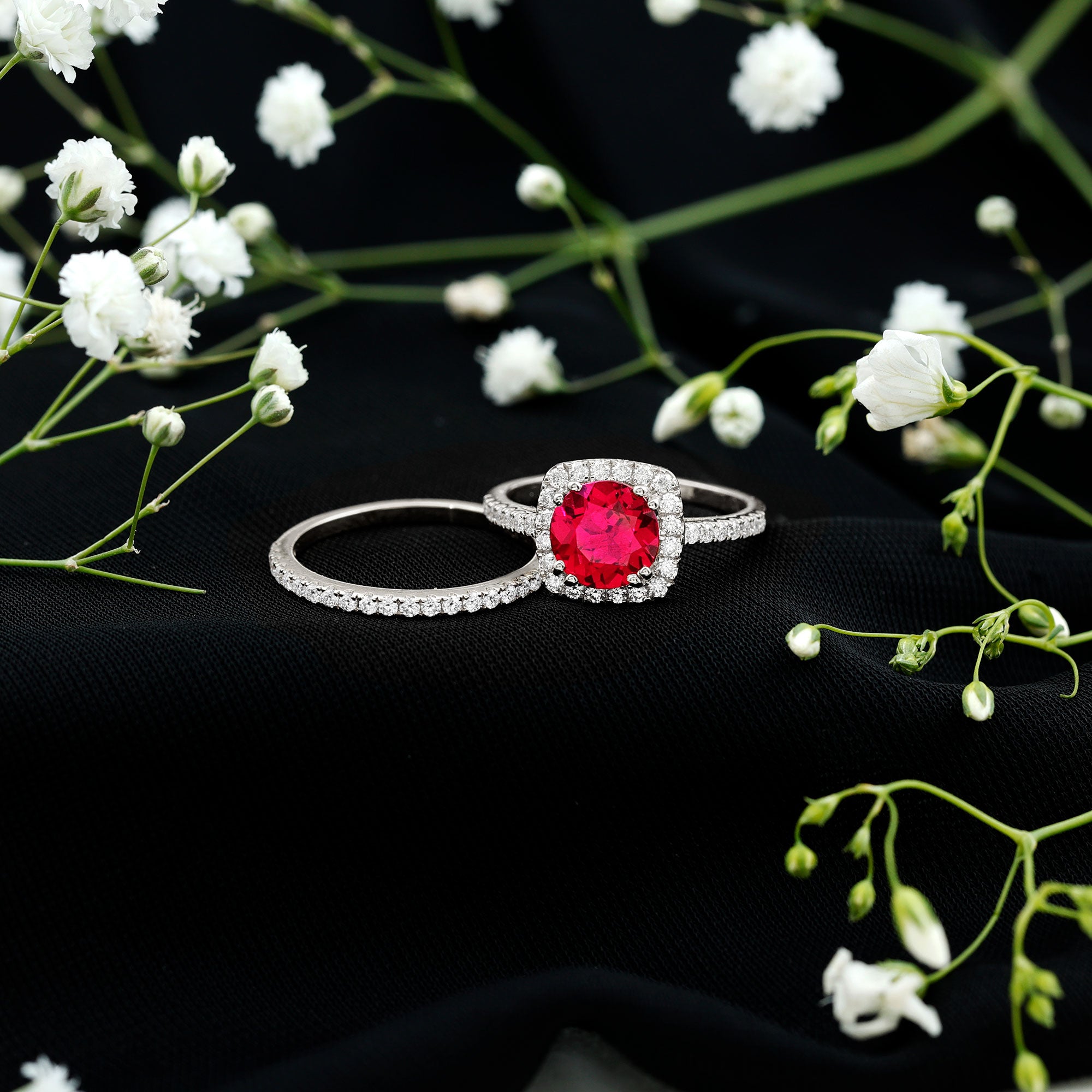 Rosec Jewels-Lab Created Ruby and Moissanite Halo Wedding Ring Set for Bride