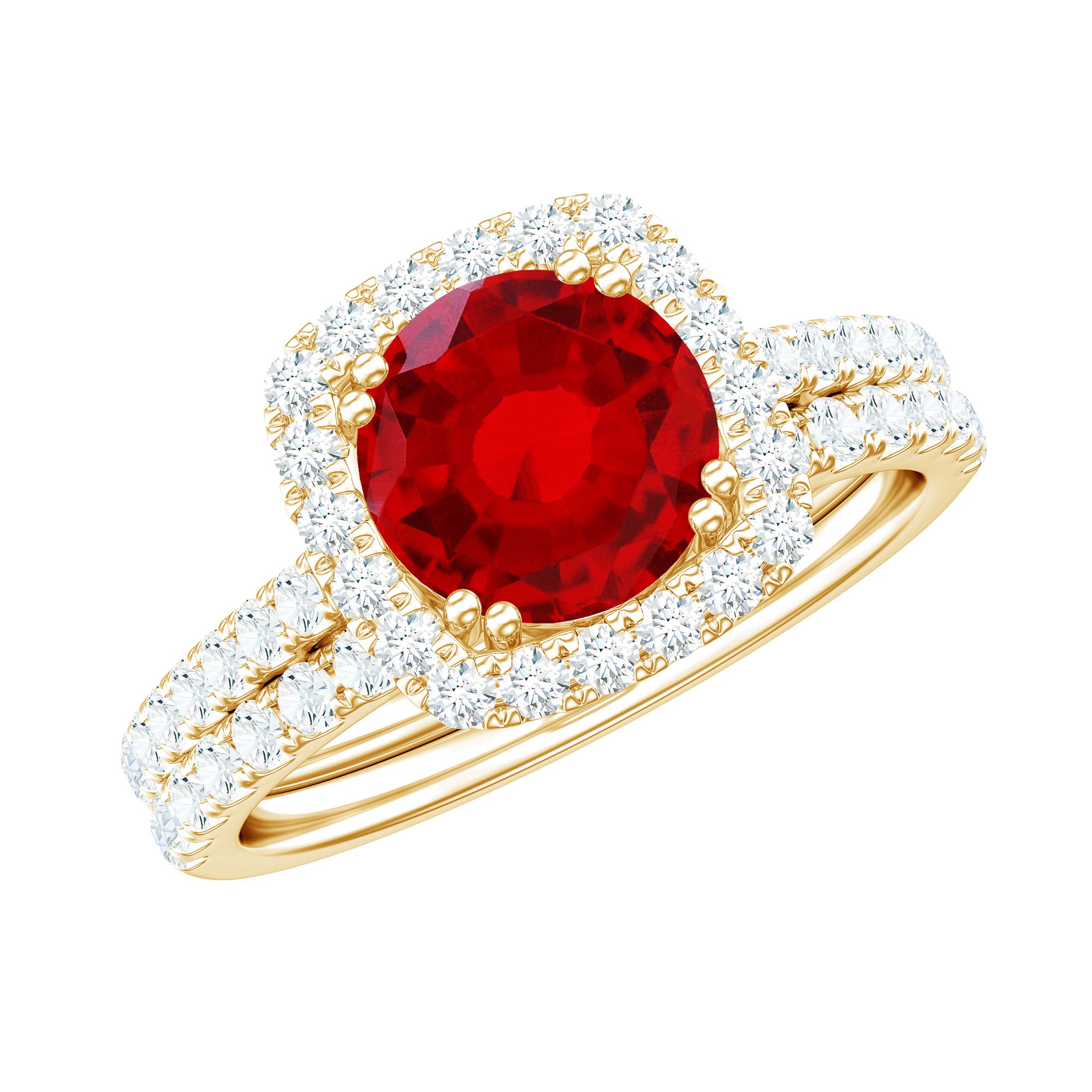 Lab Created Ruby and Moissanite Halo Wedding Ring Set for Bride AAAA - Rosec Jewels