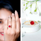 Lab Created Ruby and Moissanite Halo Wedding Ring Set for Bride AAAA - Rosec Jewels