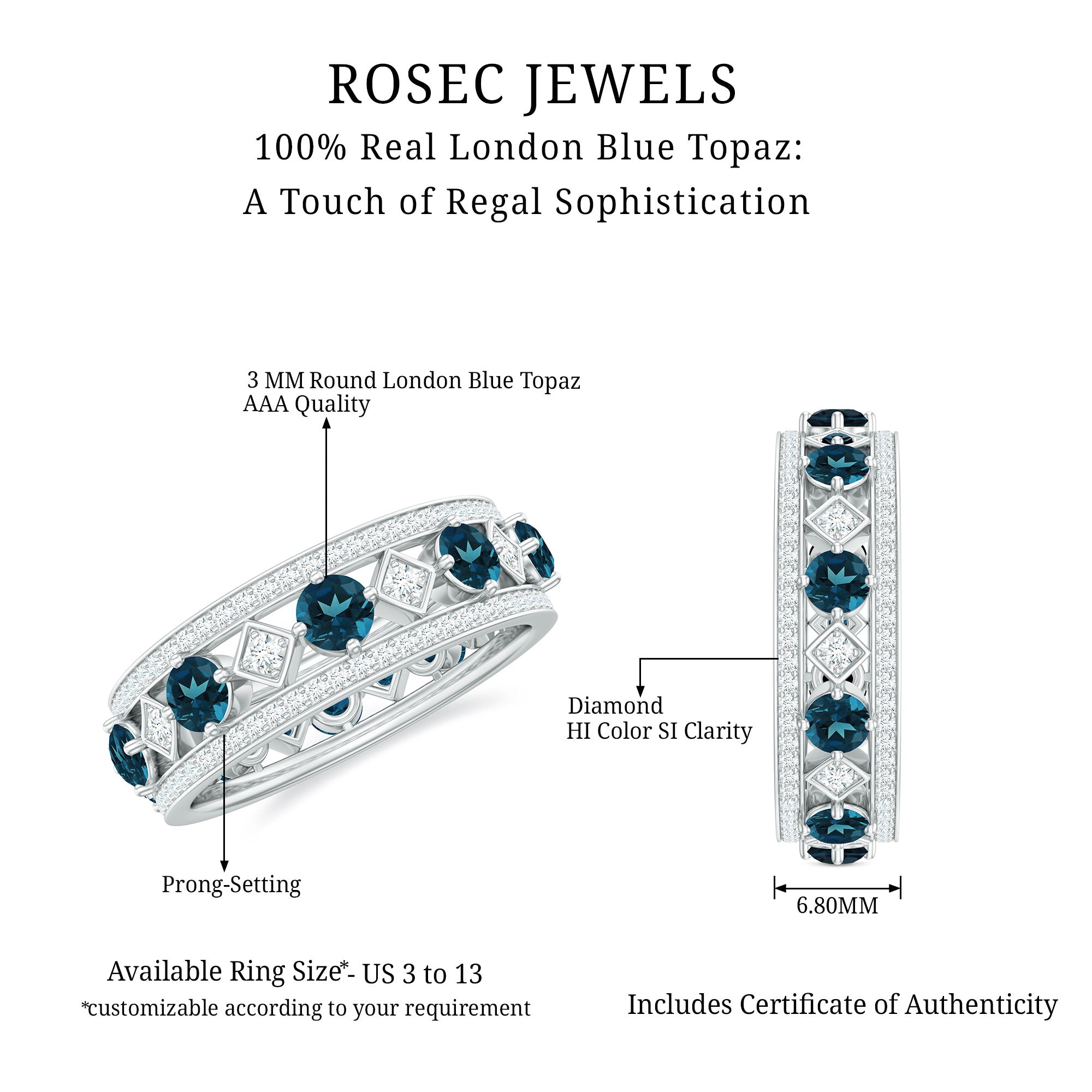 London Blue Topaz Vintage Inspired Eternity Band with Diamond AAA - Rosec Jewels