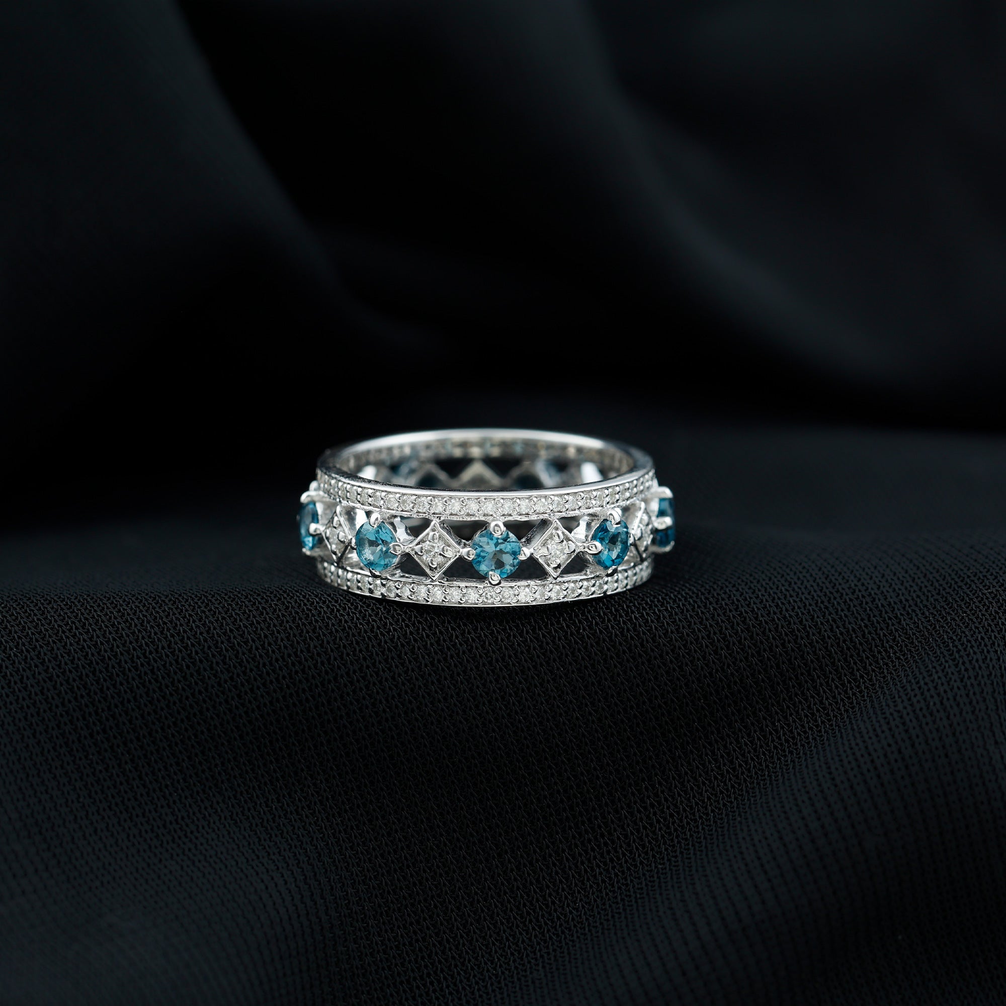 London Blue Topaz Vintage Inspired Eternity Band with Diamond AAA - Rosec Jewels