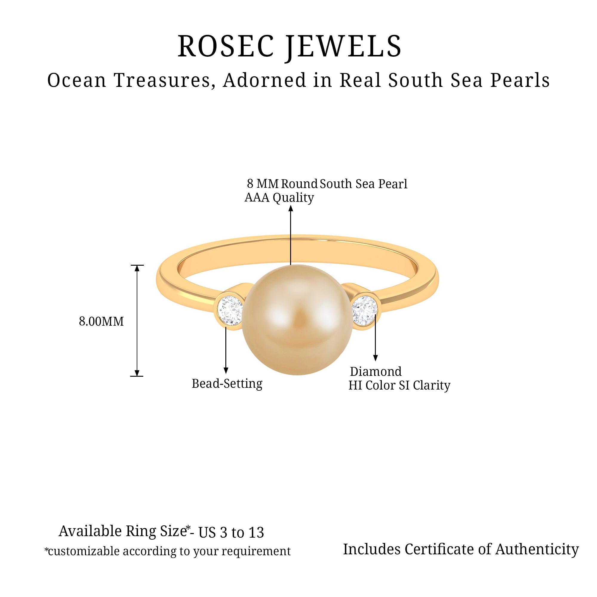 Bead Set South Sea Pearl Solitaire Ring with Diamond South Sea Pearl - ( AAA ) - Quality - Rosec Jewels