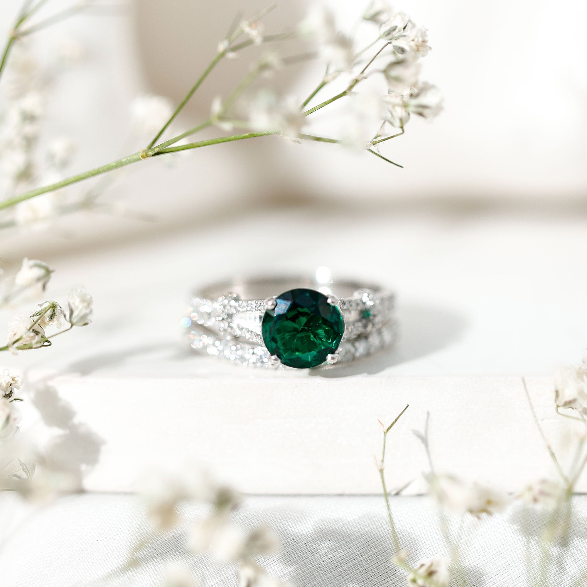 Designer Lab Grown Emerald Engagement Ring with Wedding Band AAAA - Rosec Jewels