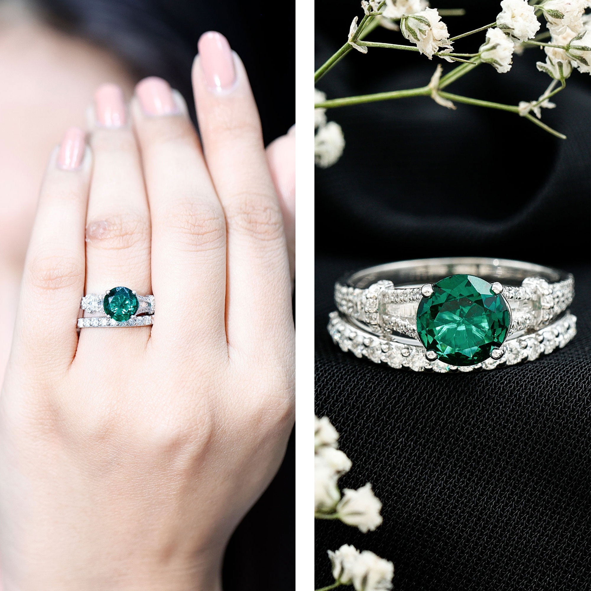 Designer Lab Grown Emerald Engagement Ring with Wedding Band AAAA - Rosec Jewels